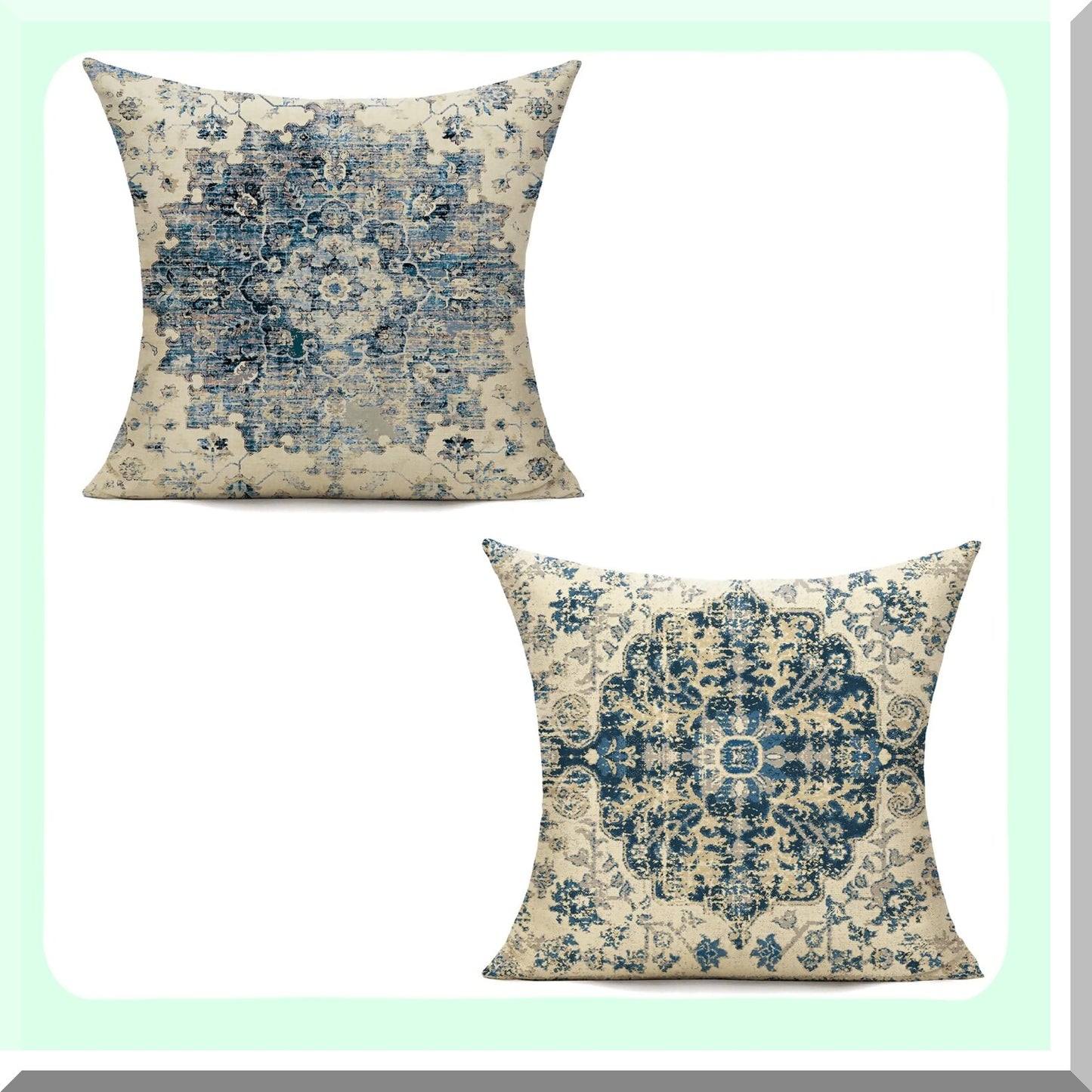 Boho Blue Spring Pillow Covers - Set of 2 Farmhouse Vintage Gray Cases for Living Room & Bedroom Decor - Outdoor Bohemian Cushion Cases 18x18