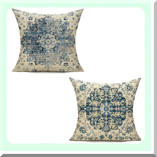 Boho Blue Spring Pillow Covers - Set of 2 Farmhouse Vintage Gray Cases for Living Room & Bedroom Decor - Outdoor Bohemian Cushion Cases 18x18