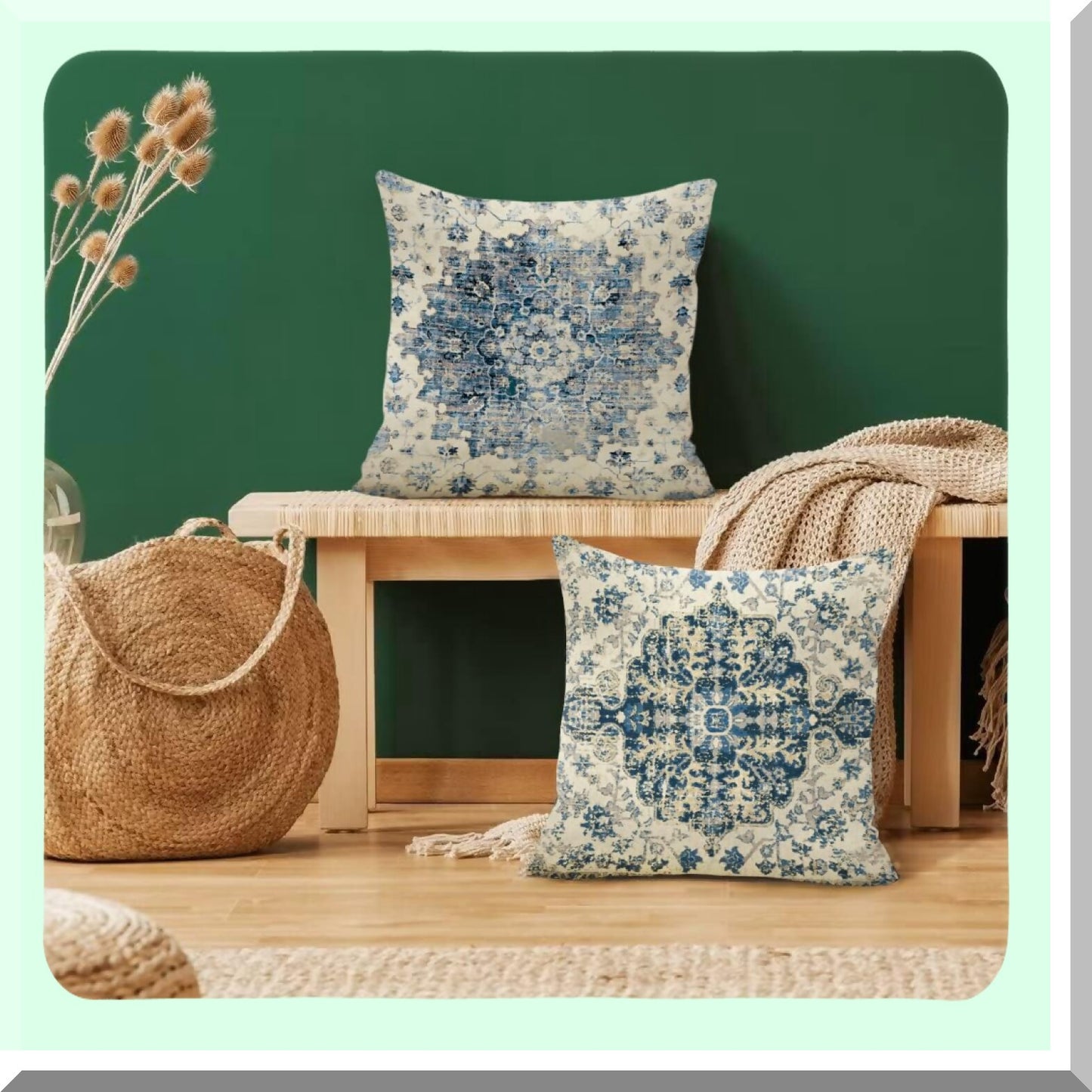 Boho Blue Spring Pillow Covers - Set of 2 Farmhouse Vintage Gray Cases for Living Room & Bedroom Decor - Outdoor Bohemian Cushion Cases 18x18