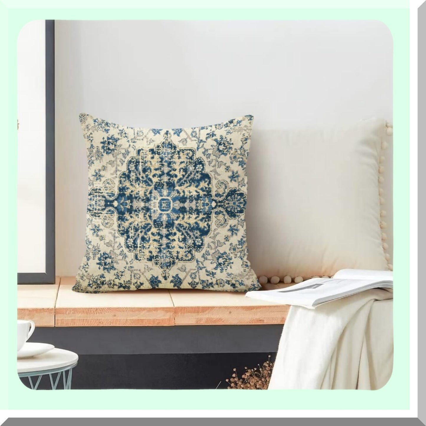 Boho Blue Spring Pillow Covers - Set of 2 Farmhouse Vintage Gray Cases for Living Room & Bedroom Decor - Outdoor Bohemian Cushion Cases 18x18