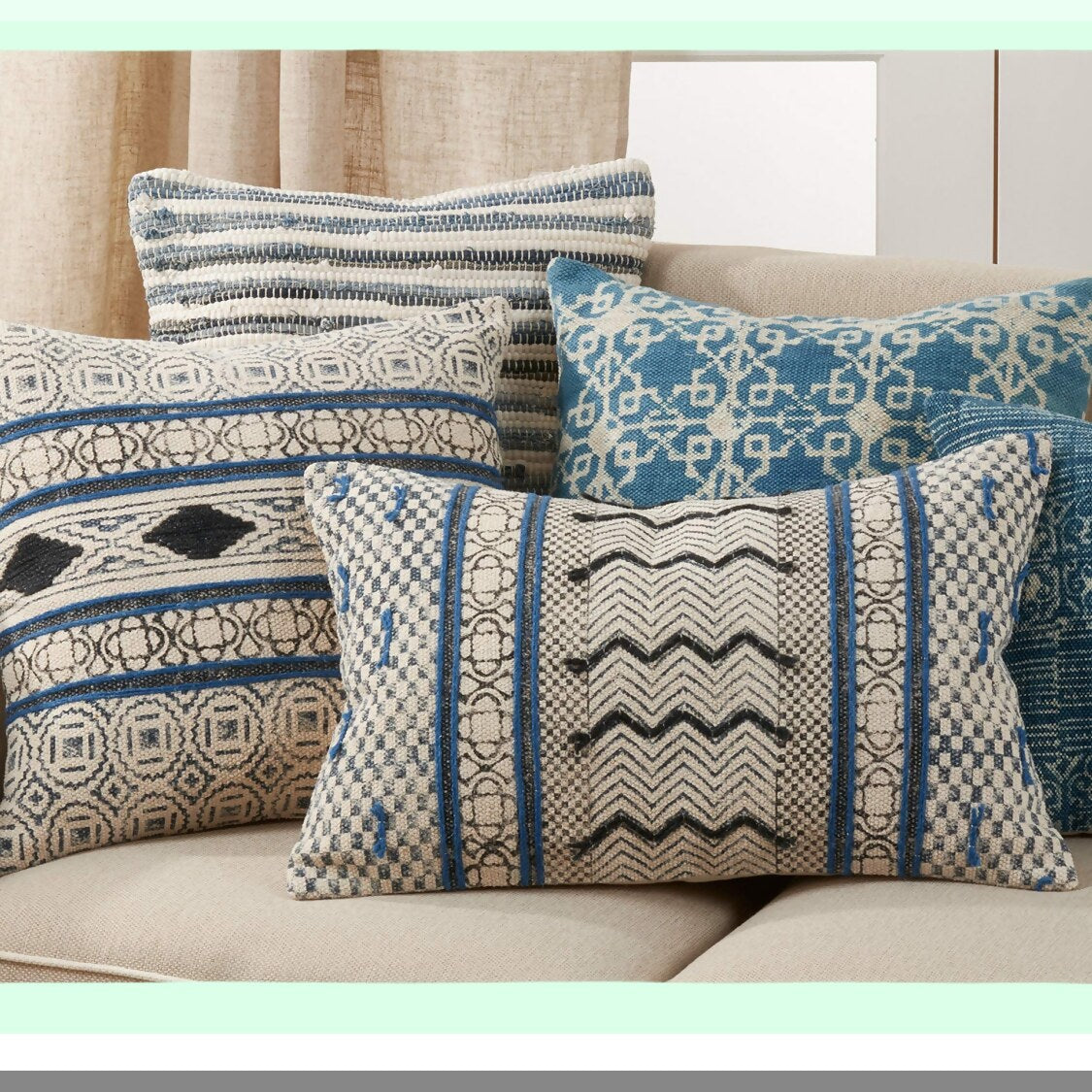 Boho Blue Oasis Pillow Cover - 20" - Ridgewater Collection - Bohemian Rug Design - Decorative Throw Pillow - Home Accent - Soft Cotton Fabric