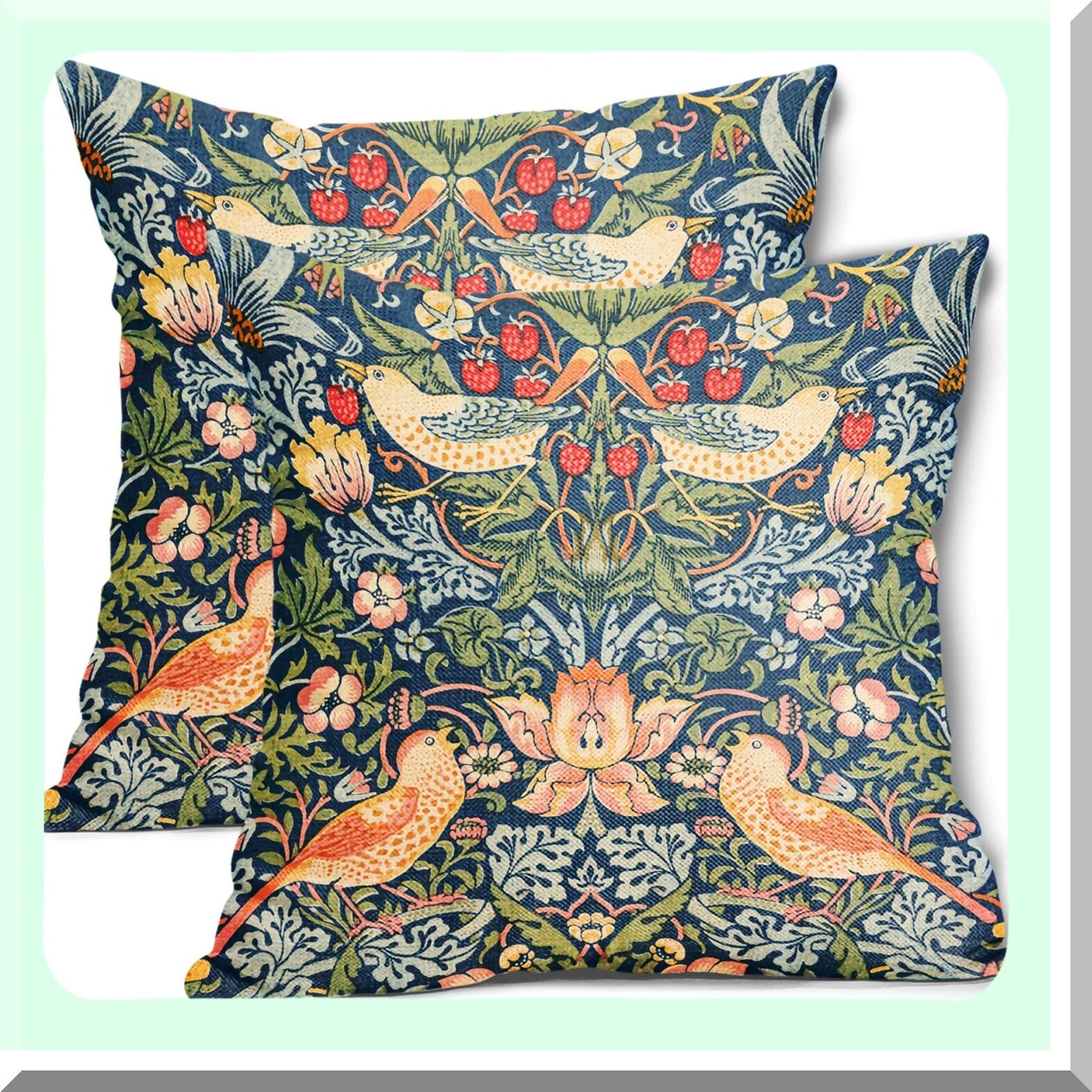 Floral Bird Sage Green Teal Pillow Covers - Set of 2 Colorful Chinoiserie Blue Pimpernel Pillowcases - Vintage Flower Throw Pillow Decor for Couch