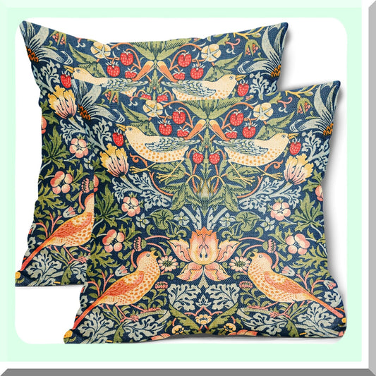 Floral Bird Sage Green Teal Pillow Covers - Set of 2 Colorful Chinoiserie Blue Pimpernel Pillowcases - Vintage Flower Throw Pillow Decor for Couch
