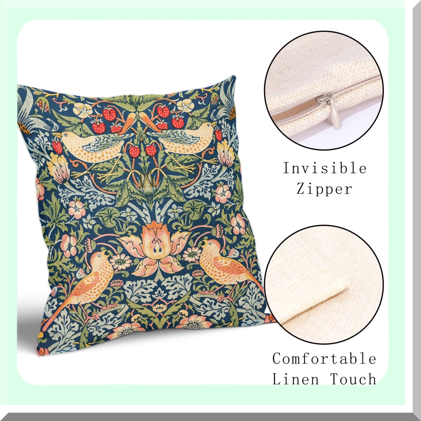 Floral Bird Sage Green Teal Pillow Covers - Set of 2 Colorful Chinoiserie Blue Pimpernel Pillowcases - Vintage Flower Throw Pillow Decor for Couch