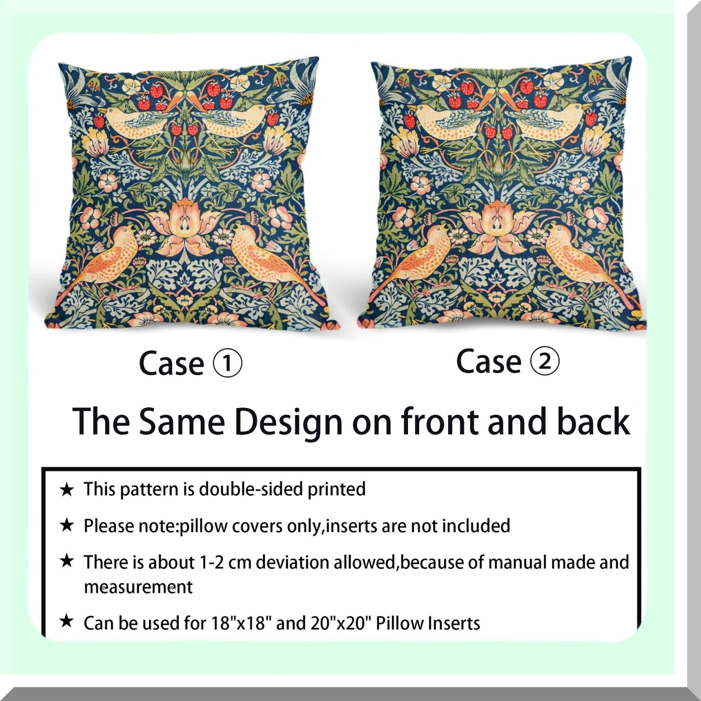 Floral Bird Sage Green Teal Pillow Covers - Set of 2 Colorful Chinoiserie Blue Pimpernel Pillowcases - Vintage Flower Throw Pillow Decor for Couch
