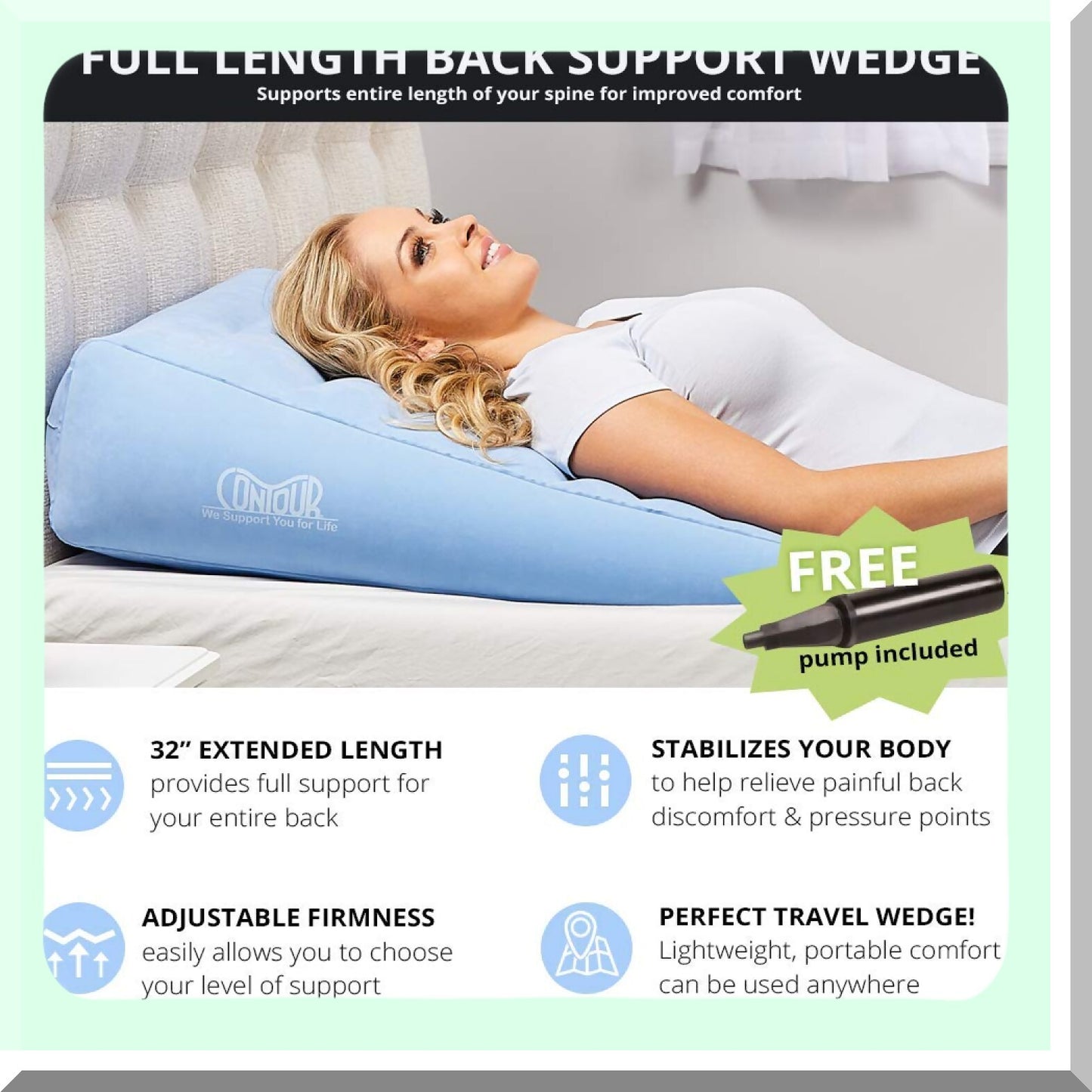 ElevateEase Inflatable Back Support Wedge - Extended Length Cushion for Relief & Comfort - Gradual Incline Bed Wedge (32 x 24 x 7)