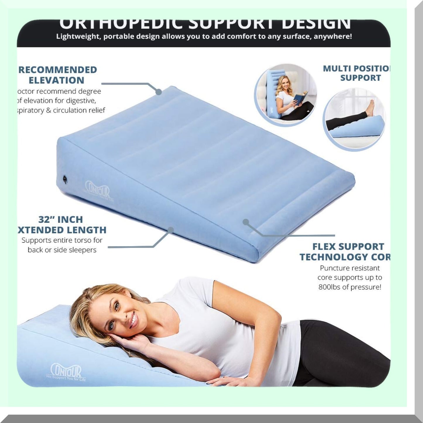ElevateEase Inflatable Back Support Wedge - Extended Length Cushion for Relief & Comfort - Gradual Incline Bed Wedge (32 x 24 x 7)