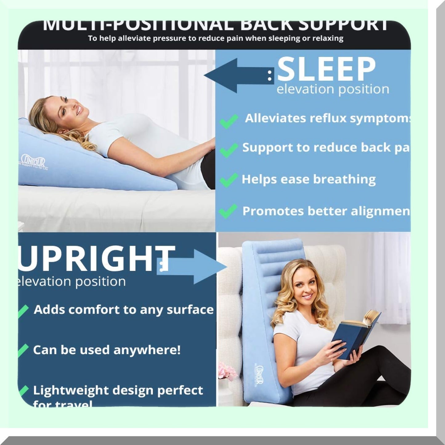 ElevateEase Inflatable Back Support Wedge - Extended Length Cushion for Relief & Comfort - Gradual Incline Bed Wedge (32 x 24 x 7)