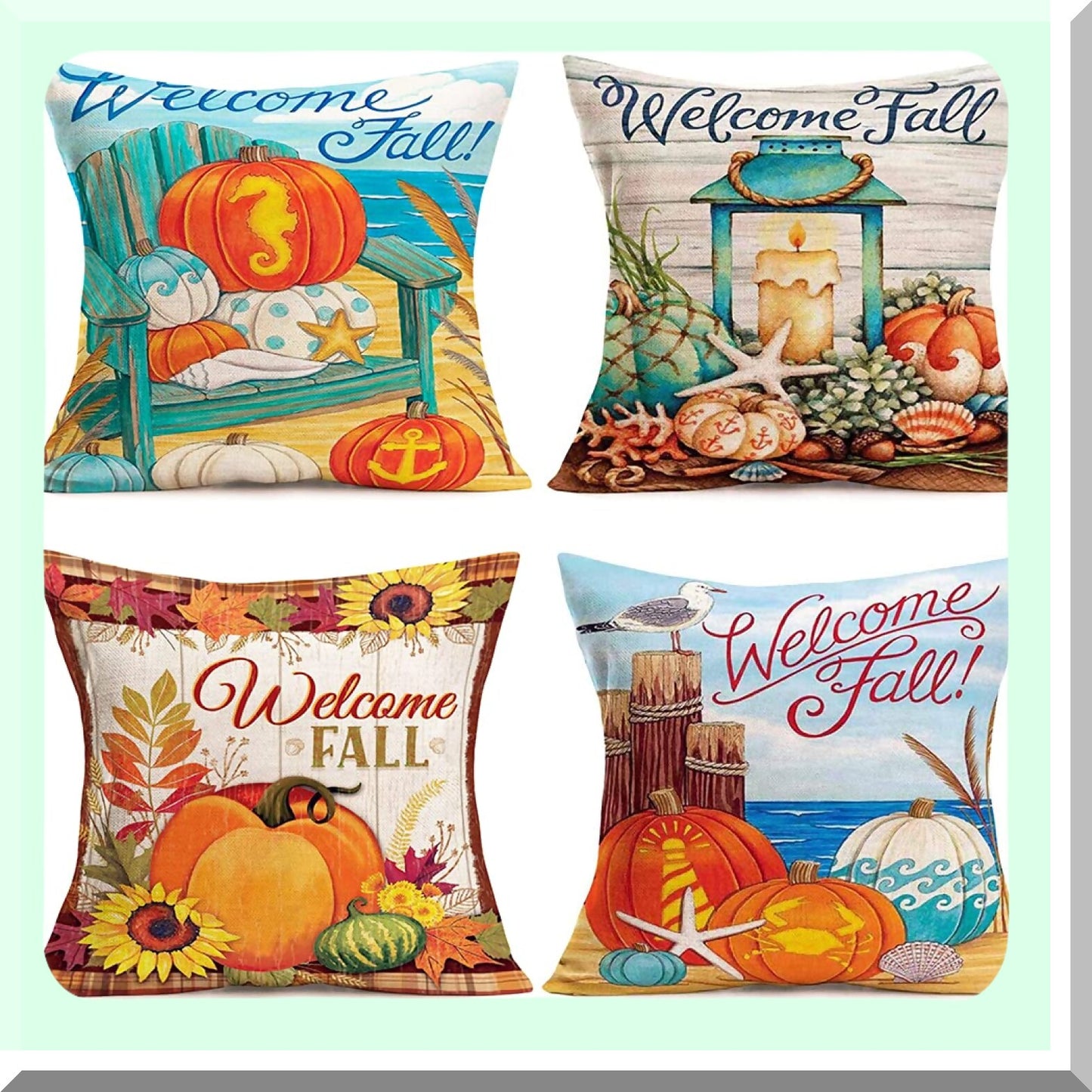 Fall Harvest Pillow Covers - Autumn Coastal Starfish Shell Pumpkin Farmhouse Throw Case - Grateful Thanksgiving Decor - 20 X 20 Inches