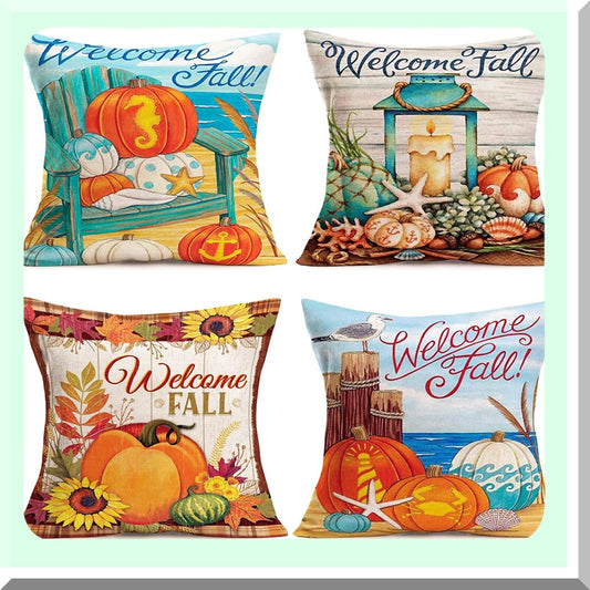 Fall Harvest Pillow Covers - Autumn Coastal Starfish Shell Pumpkin Farmhouse Throw Case - Grateful Thanksgiving Decor - 20 X 20 Inches