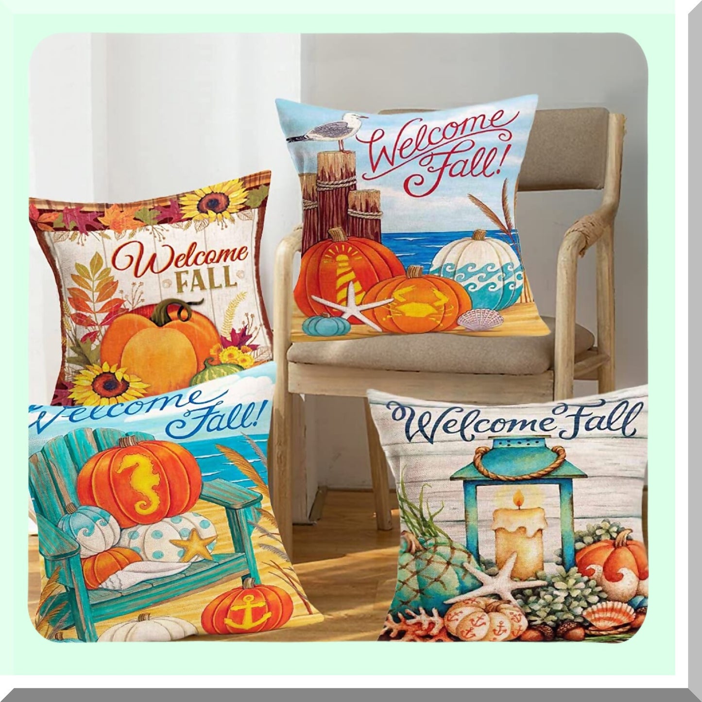 Fall Harvest Pillow Covers - Autumn Coastal Starfish Shell Pumpkin Farmhouse Throw Case - Grateful Thanksgiving Decor - 20 X 20 Inches