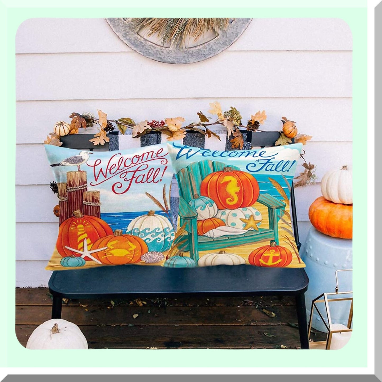 Fall Harvest Pillow Covers - Autumn Coastal Starfish Shell Pumpkin Farmhouse Throw Case - Grateful Thanksgiving Decor - 20 X 20 Inches