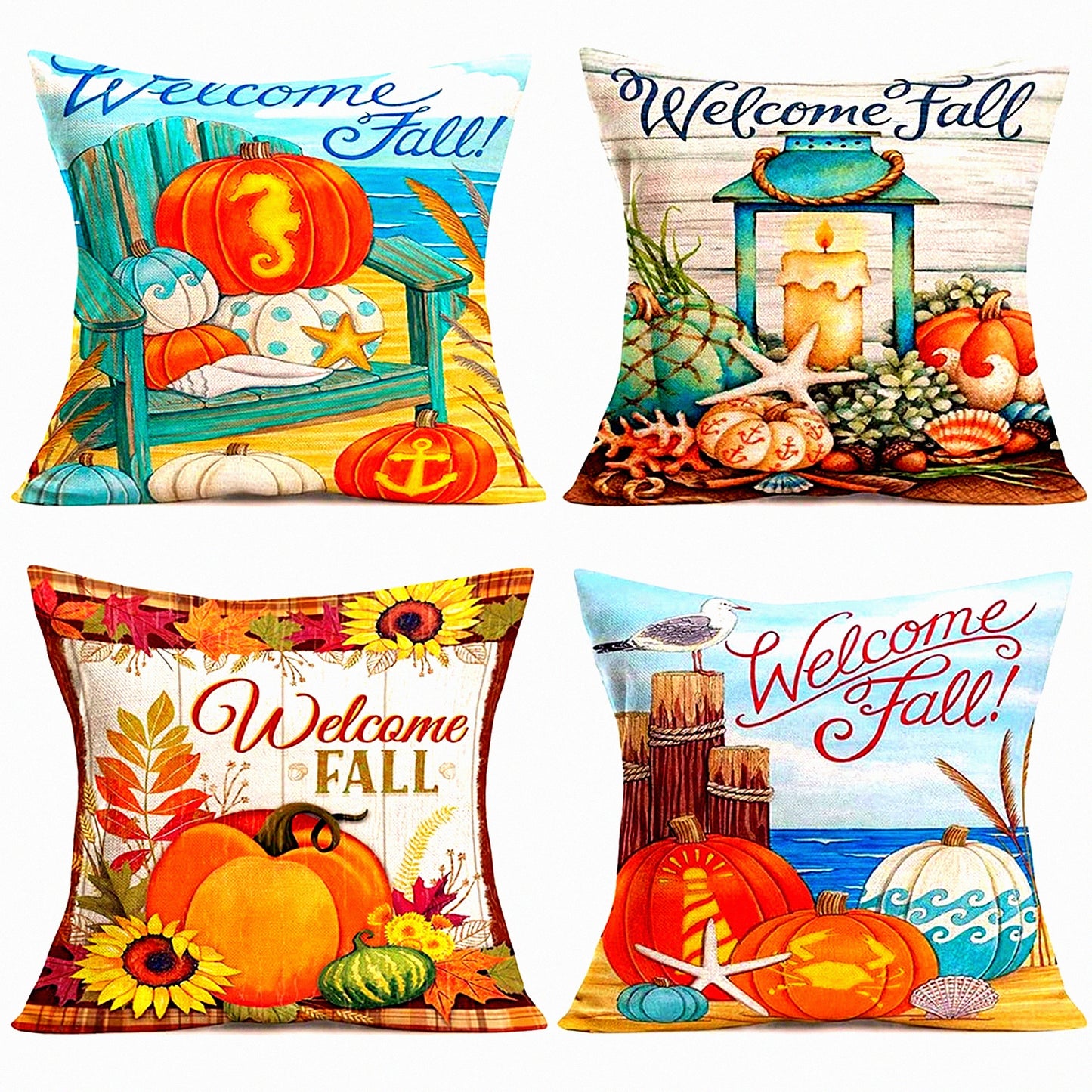 Fall Harvest Pillow Covers - Autumn Coastal Starfish Shell Pumpkin Farmhouse Throw Case - Grateful Thanksgiving Decor - 20 X 20 Inches
