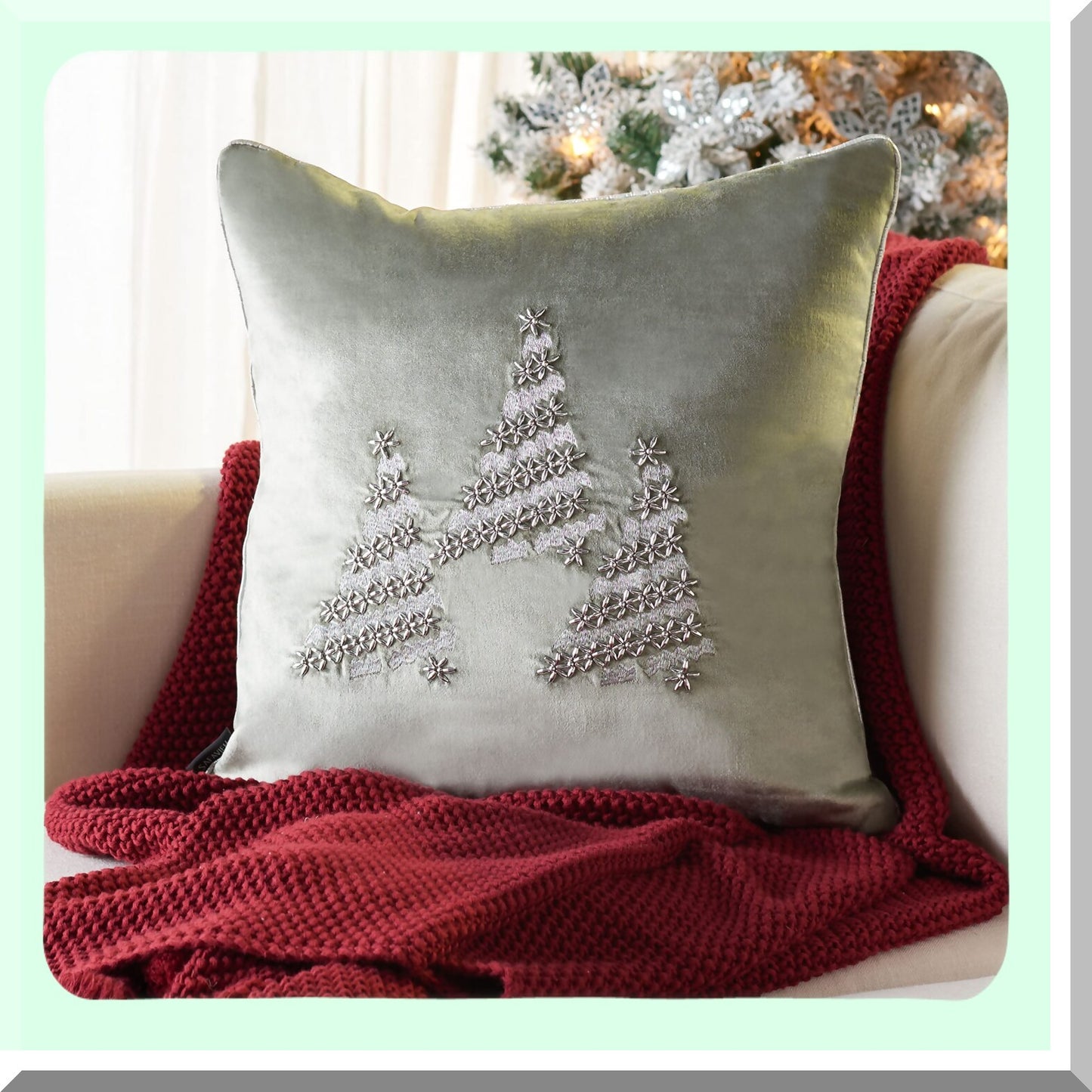Winter Frost Silver Beaded 18" Square Decor Pillow