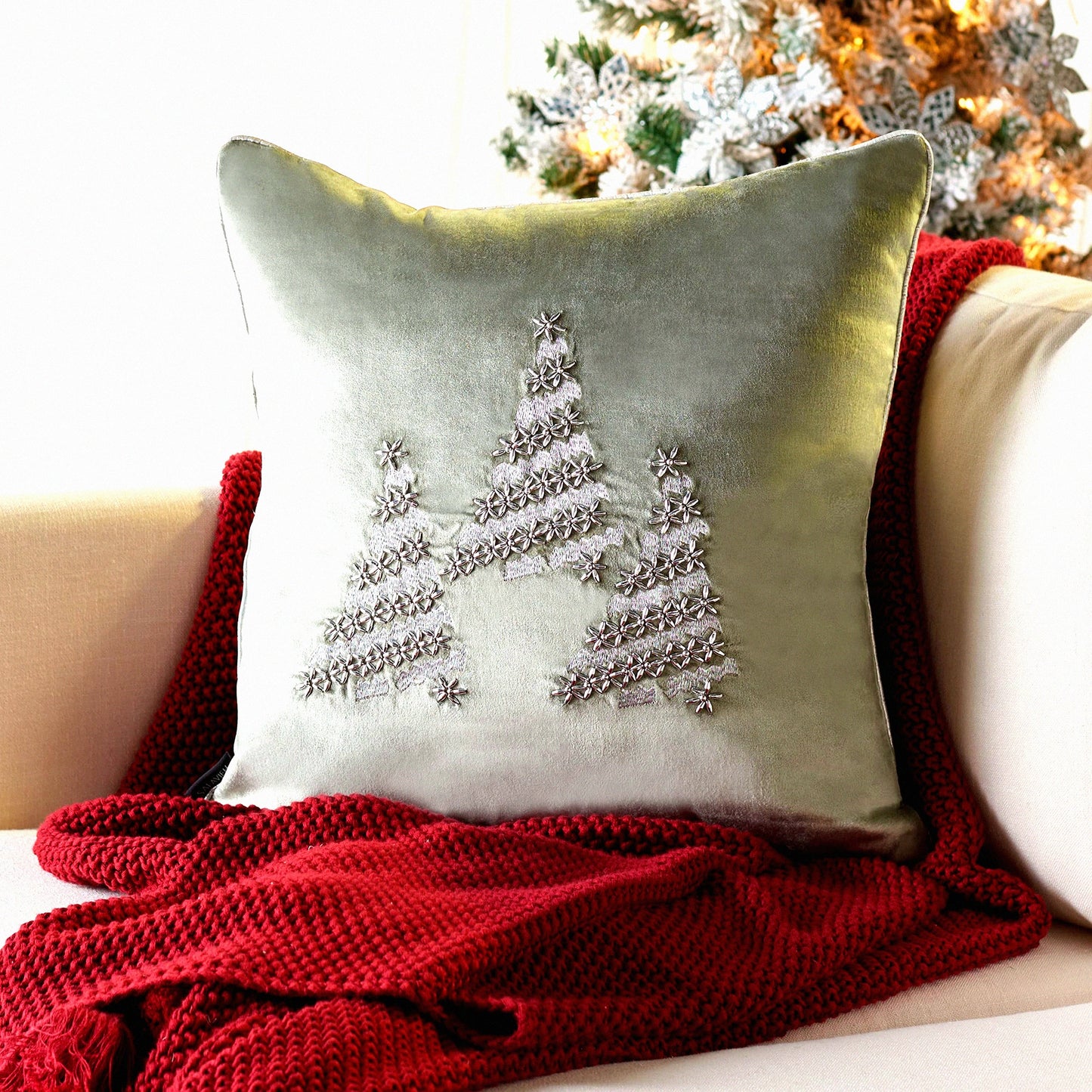 Winter Frost Silver Beaded 18" Square Decor Pillow