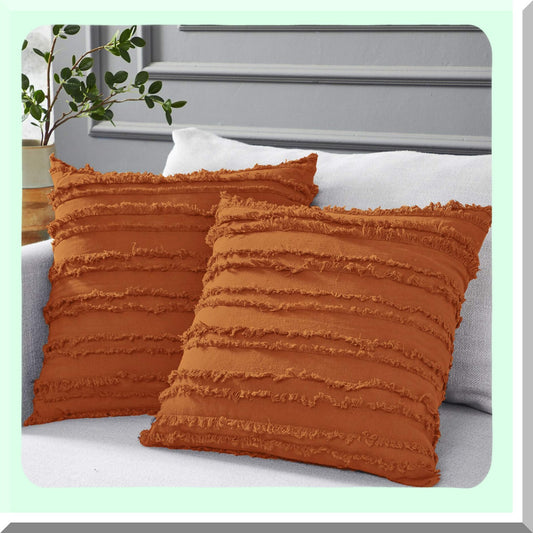 Rustic Linen Cushion Covers 18x18 Set of 2 - Decorative Throw Pillow Cases for Couch Sofa Bed - Burnt Orange Color - No Inserts Needed