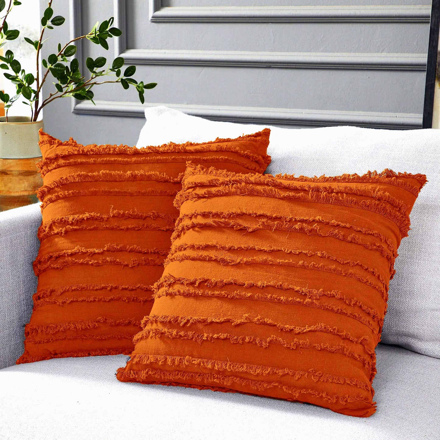 Rustic Linen Cushion Covers 18x18 Set of 2 - Decorative Throw Pillow Cases for Couch Sofa Bed - Burnt Orange Color - No Inserts Needed