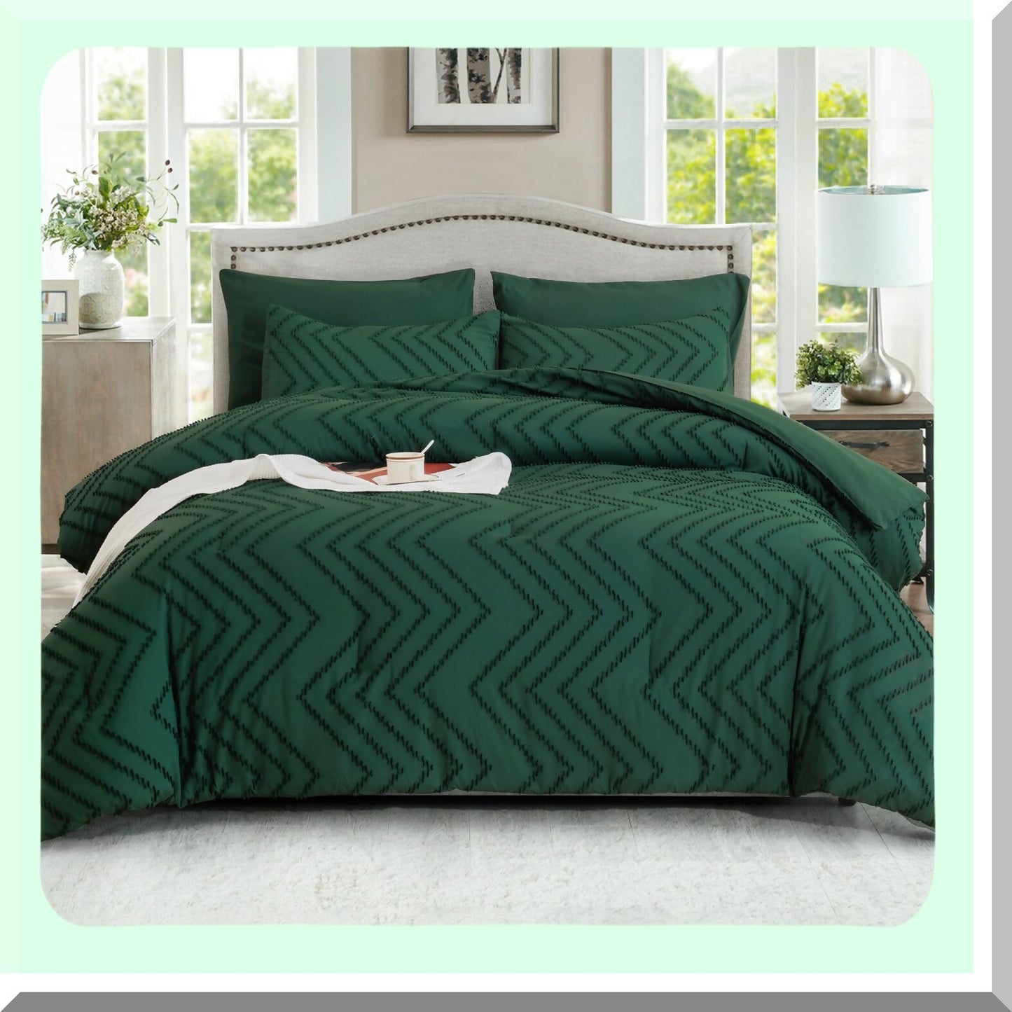 Boho Emerald Comforter Set - 7 Piece Bed in a Bag, Dark Green Tufted Bedding, All Season Full Bed Sets with Comforter, Shams, Pillowcases, Sheets