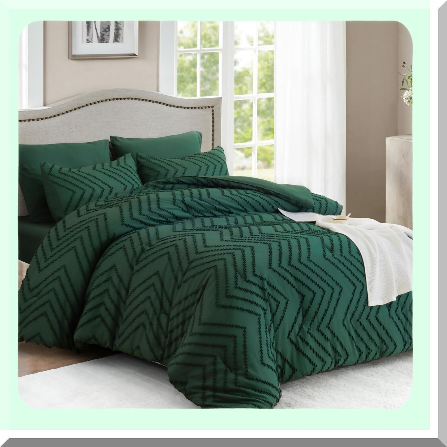 Boho Emerald Comforter Set - 7 Piece Bed in a Bag, Dark Green Tufted Bedding, All Season Full Bed Sets with Comforter, Shams, Pillowcases, Sheets