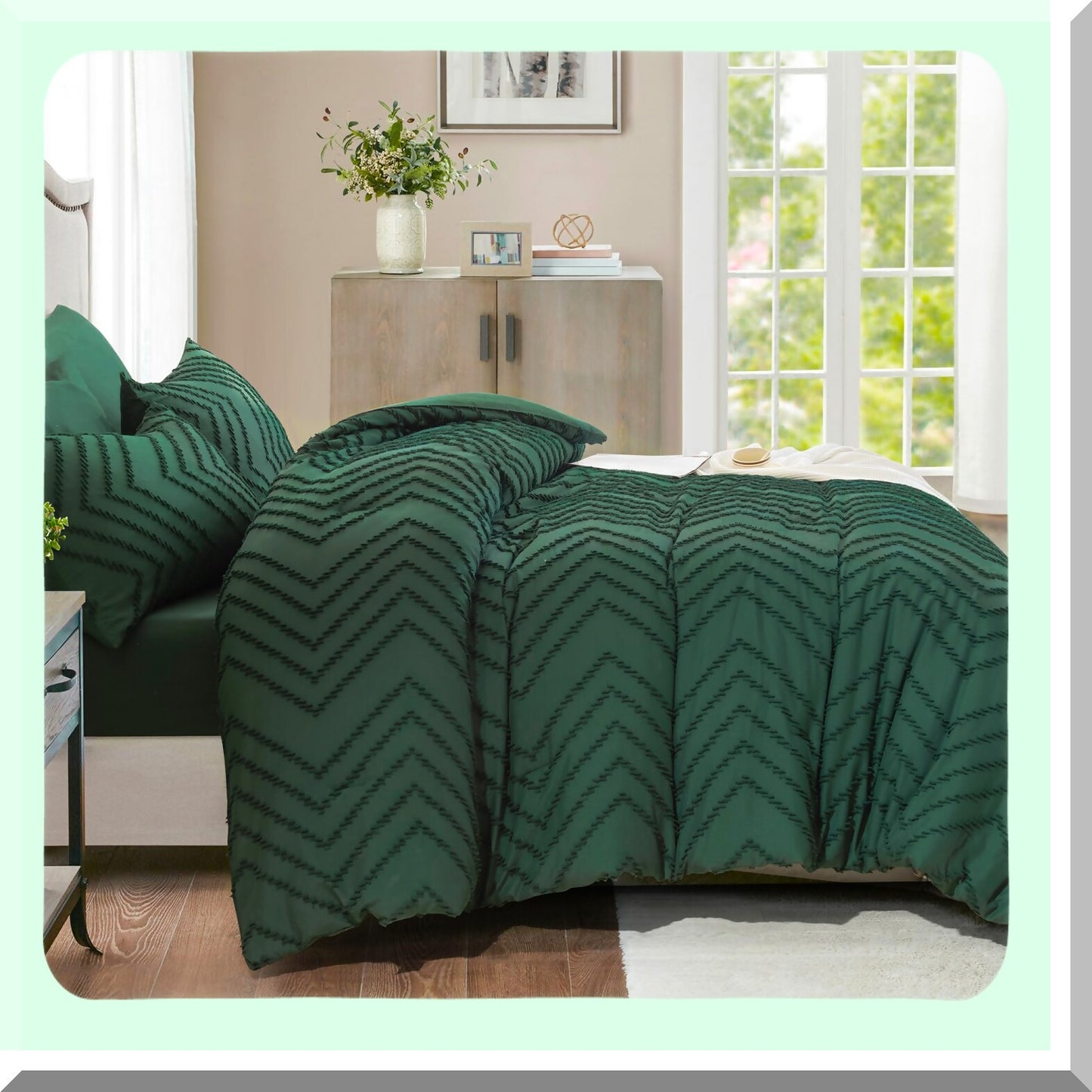 Boho Emerald Comforter Set - 7 Piece Bed in a Bag, Dark Green Tufted Bedding, All Season Full Bed Sets with Comforter, Shams, Pillowcases, Sheets