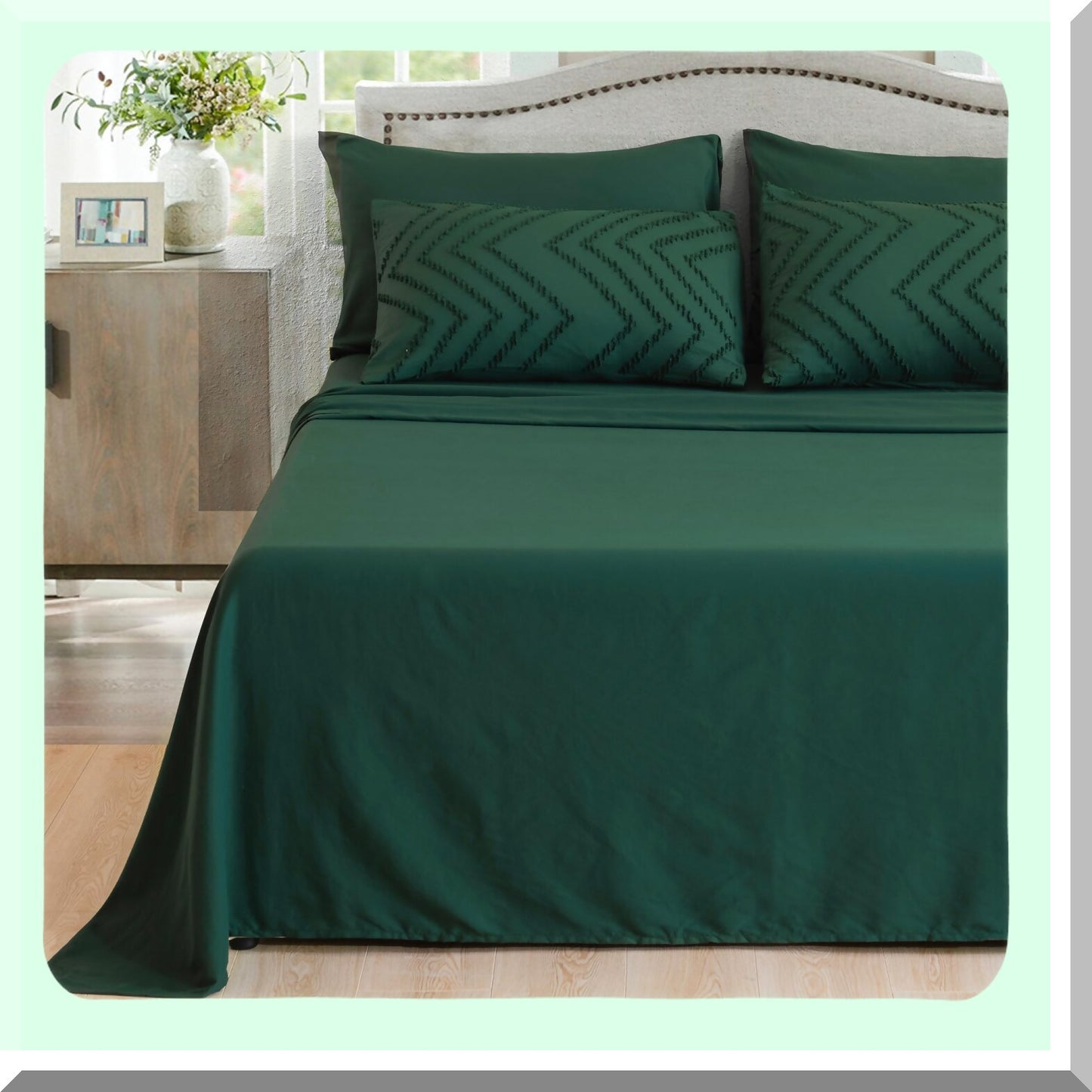 Boho Emerald Comforter Set - 7 Piece Bed in a Bag, Dark Green Tufted Bedding, All Season Full Bed Sets with Comforter, Shams, Pillowcases, Sheets