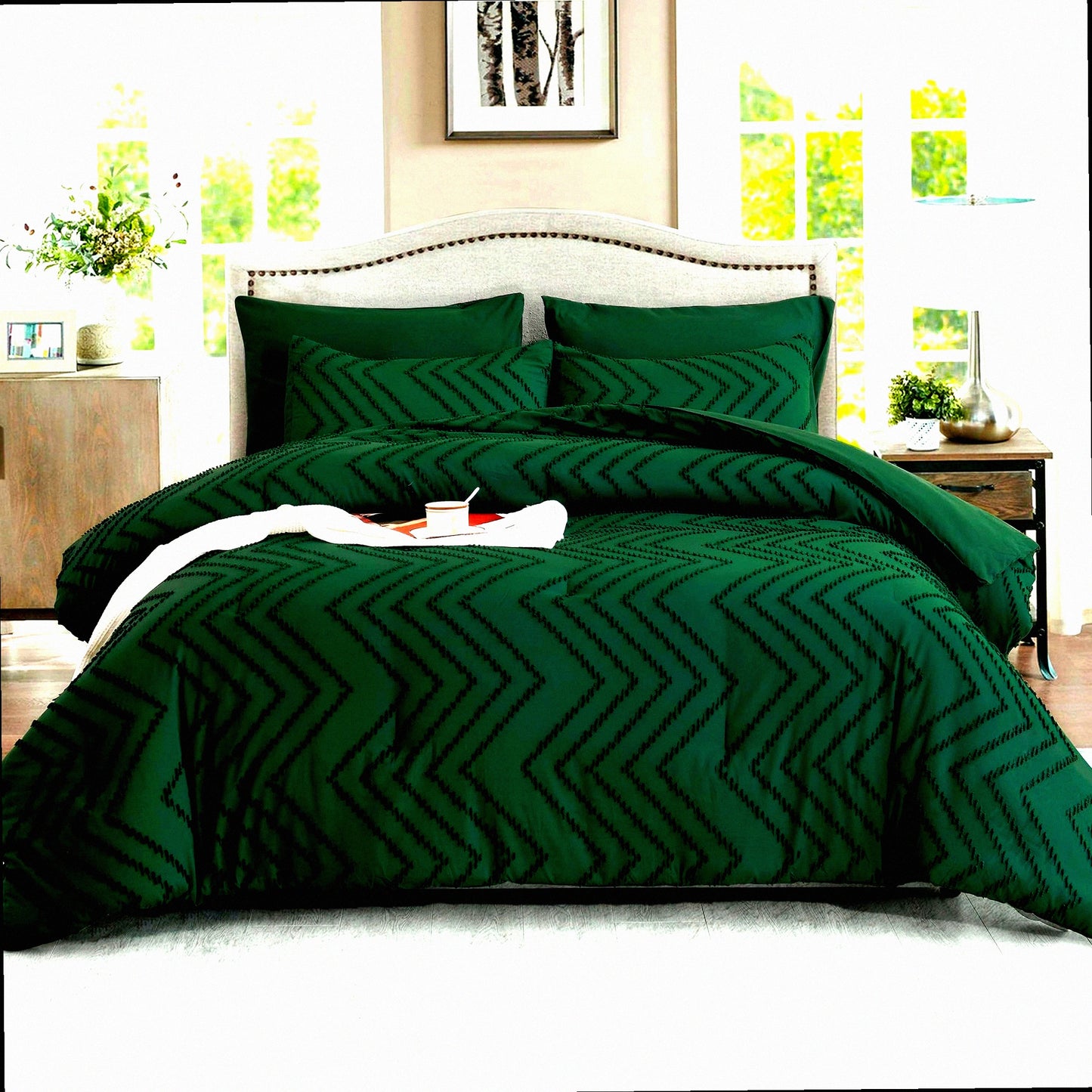 Boho Emerald Comforter Set - 7 Piece Bed in a Bag, Dark Green Tufted Bedding, All Season Full Bed Sets with Comforter, Shams, Pillowcases, Sheets