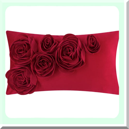Velvet Rose Blossom Decorative Pillowcase - 3D Floral Accent Cushion Cover for Living Room Couch Bed - Aesthetic Rectangle Throw Pillow 12x20 Inch Red
