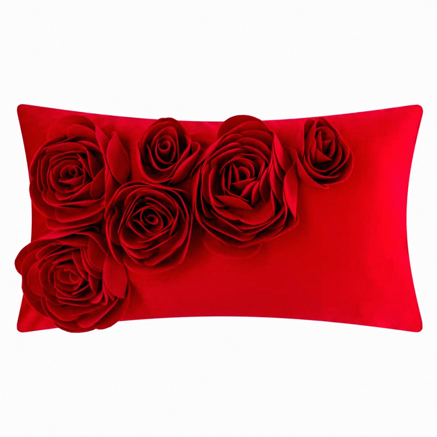 Velvet Rose Blossom Decorative Pillowcase - 3D Floral Accent Cushion Cover for Living Room Couch Bed - Aesthetic Rectangle Throw Pillow 12x20 Inch Red