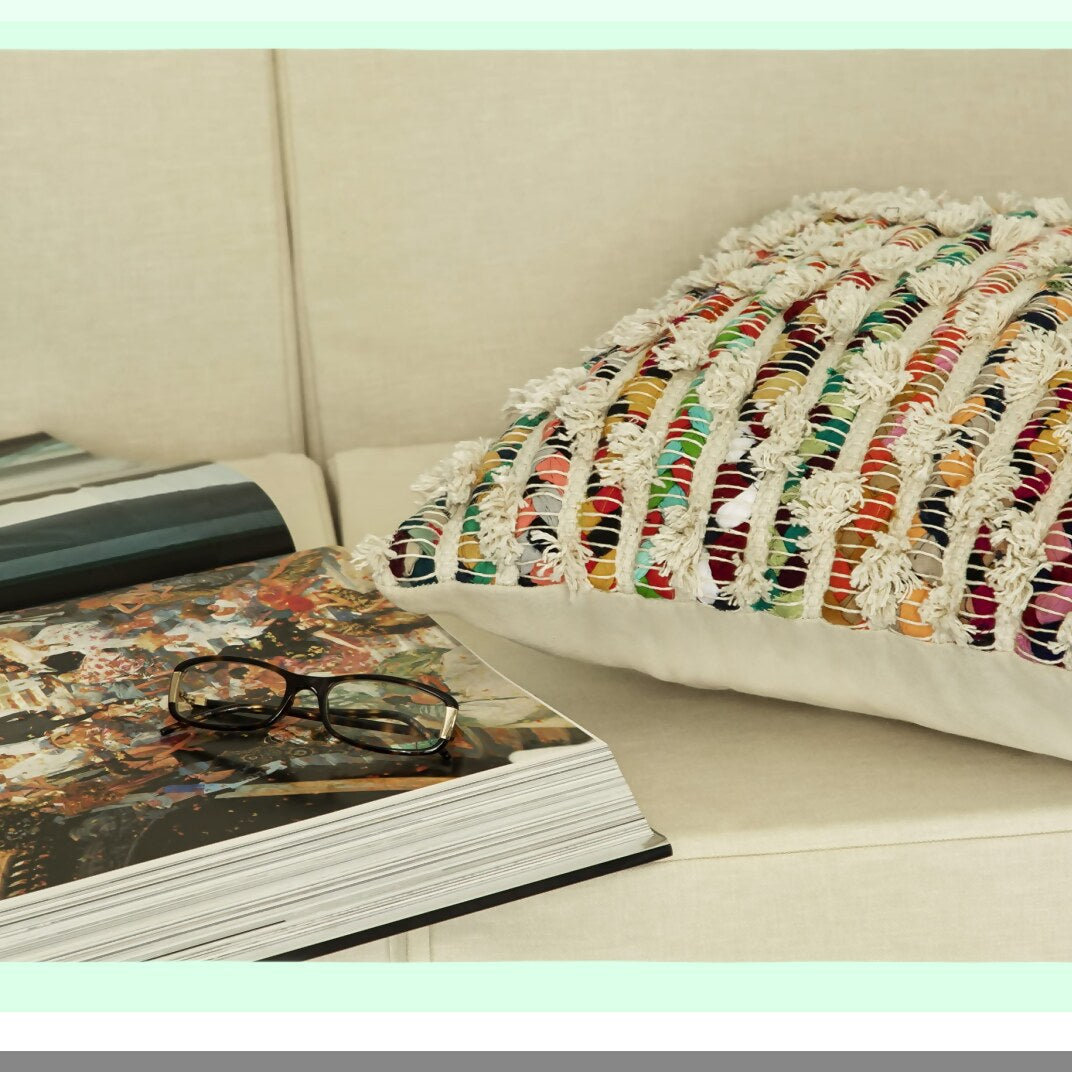 Multicolor Handwoven Cotton Luxe Pillow Cover - 18x18 Inch Fashionable Throw - Luxurious 1 Piece Decorative Cushion Case