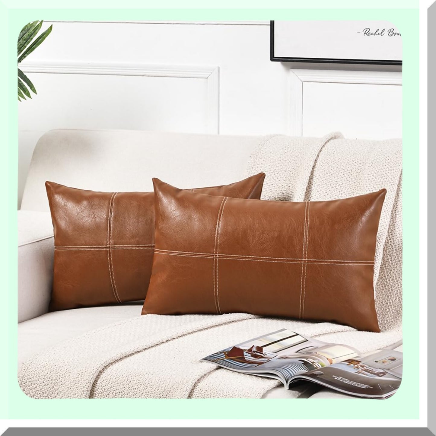 Boho Plaid Leather Lumbar Pillow Covers - Rustic Modern Decor for Living Room Couch Bed - Hand Stitched Rectangle Cushion Case - Set of 2