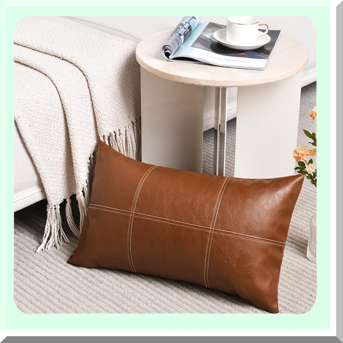 Boho Plaid Leather Lumbar Pillow Covers - Rustic Modern Decor for Living Room Couch Bed - Hand Stitched Rectangle Cushion Case - Set of 2