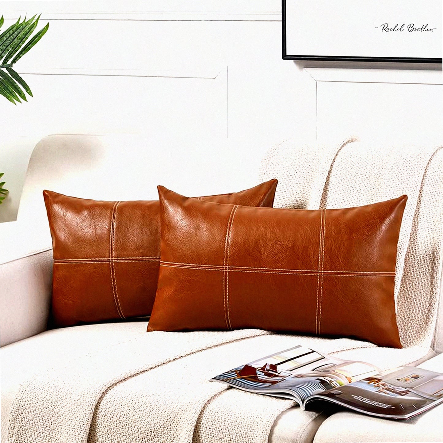 Boho Plaid Leather Lumbar Pillow Covers - Rustic Modern Decor for Living Room Couch Bed - Hand Stitched Rectangle Cushion Case - Set of 2