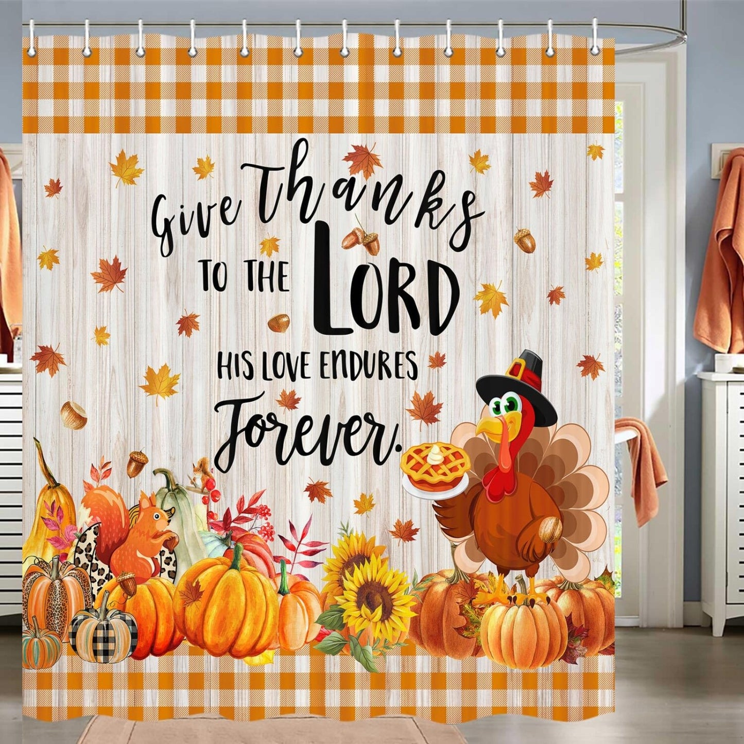 Thanksgiving Fall Shower Curtain with 12 Hooks 72"x72"