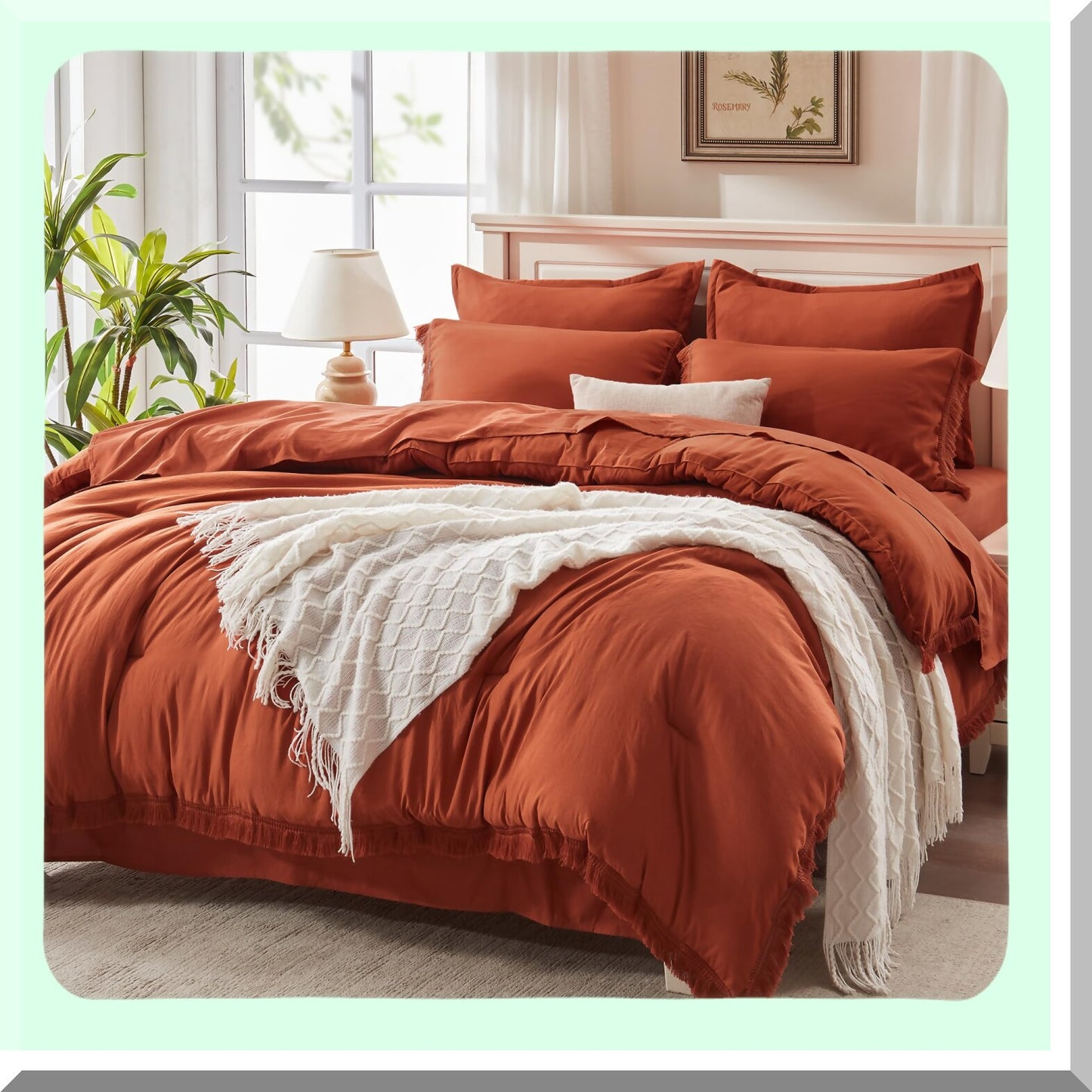 Rustic Boho Comforter Set - 7 Piece Bed in a Bag with Sheets & Pillowcases - Terracotta Orange Lightweight Bedding Ensemble