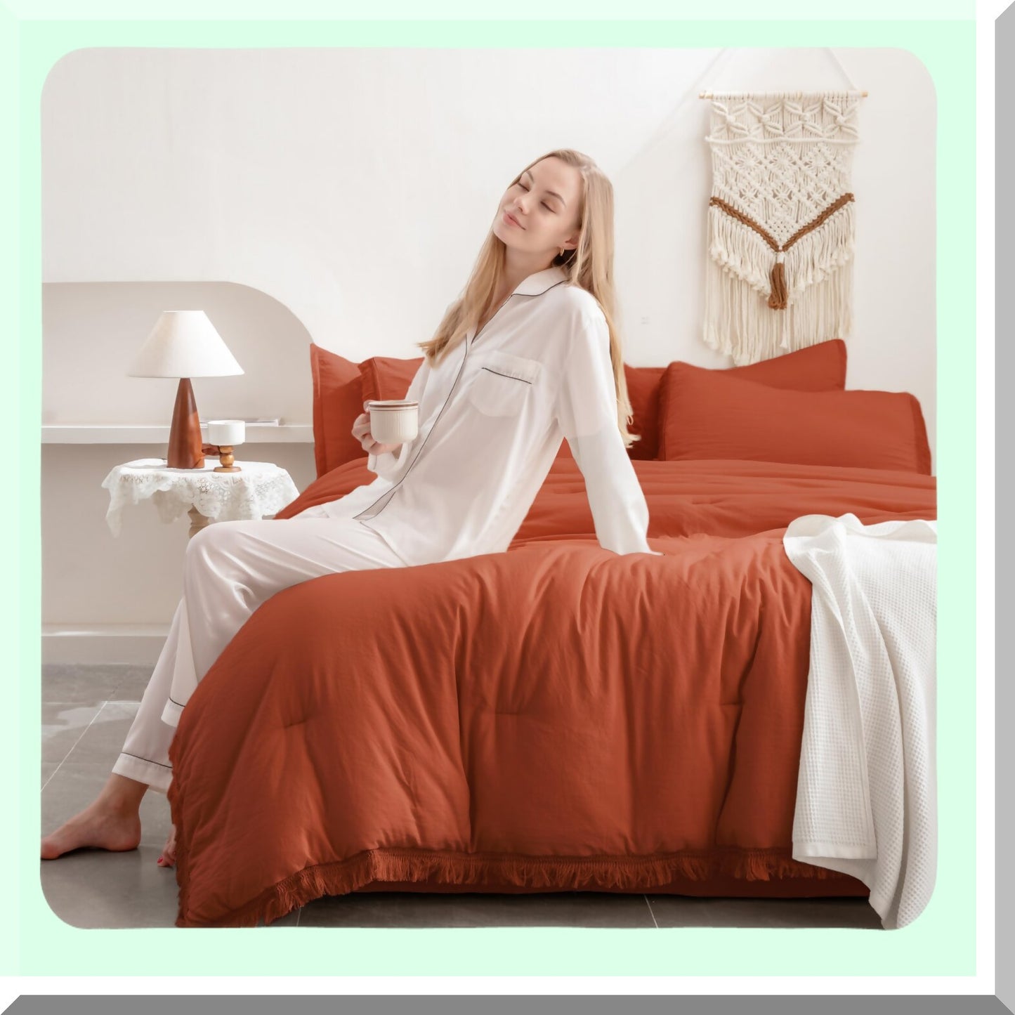 Rustic Boho Comforter Set - 7 Piece Bed in a Bag with Sheets & Pillowcases - Terracotta Orange Lightweight Bedding Ensemble
