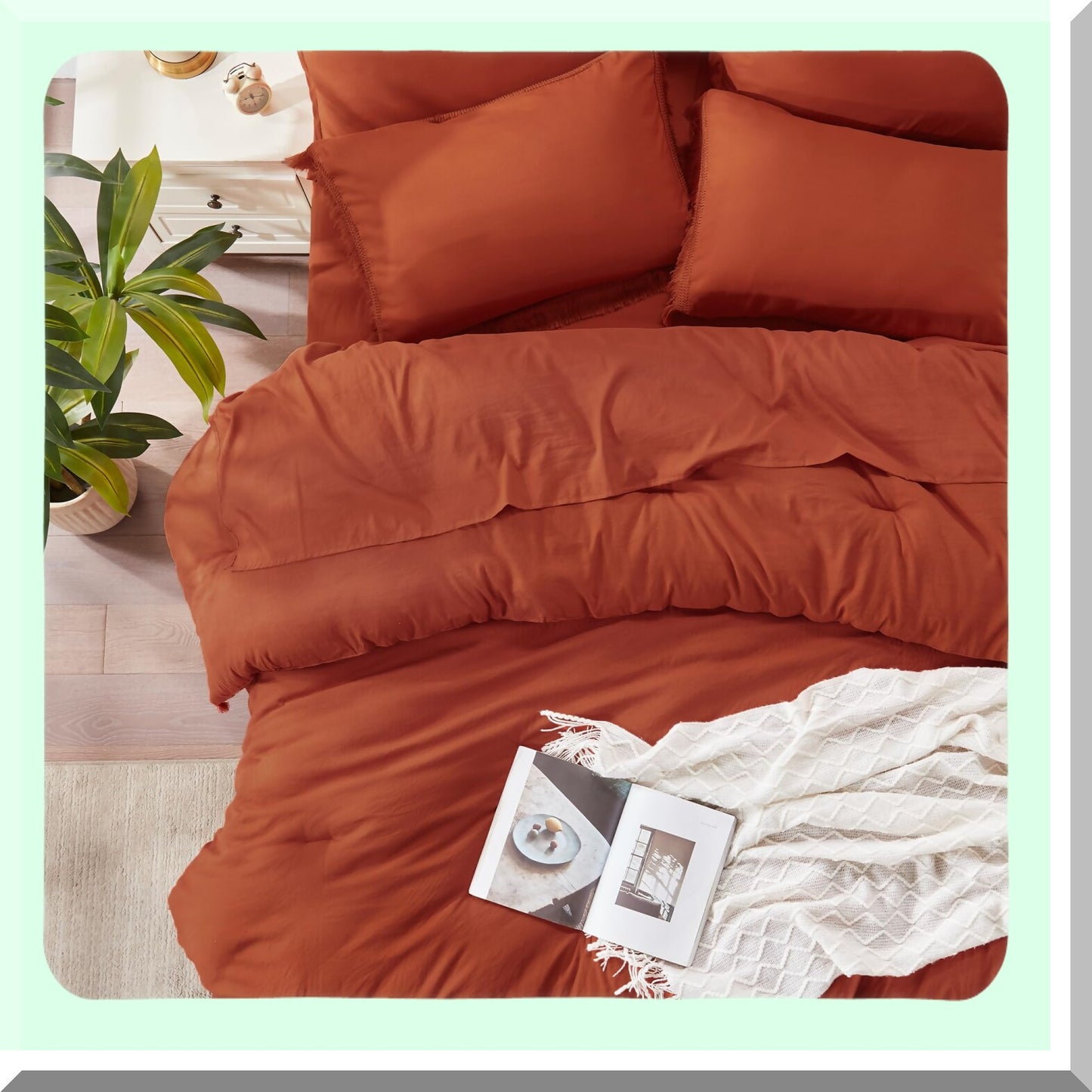 Rustic Boho Comforter Set - 7 Piece Bed in a Bag with Sheets & Pillowcases - Terracotta Orange Lightweight Bedding Ensemble