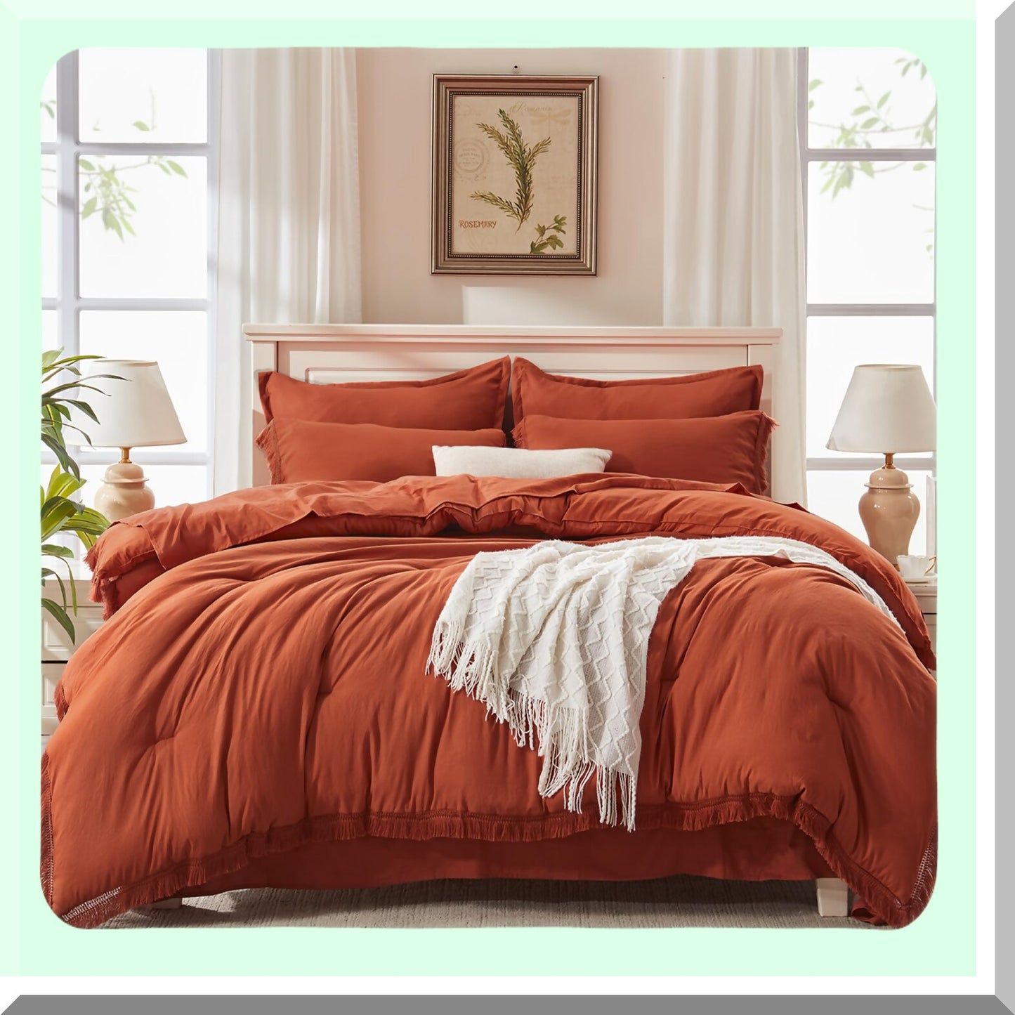 Rustic Boho Comforter Set - 7 Piece Bed in a Bag with Sheets & Pillowcases - Terracotta Orange Lightweight Bedding Ensemble