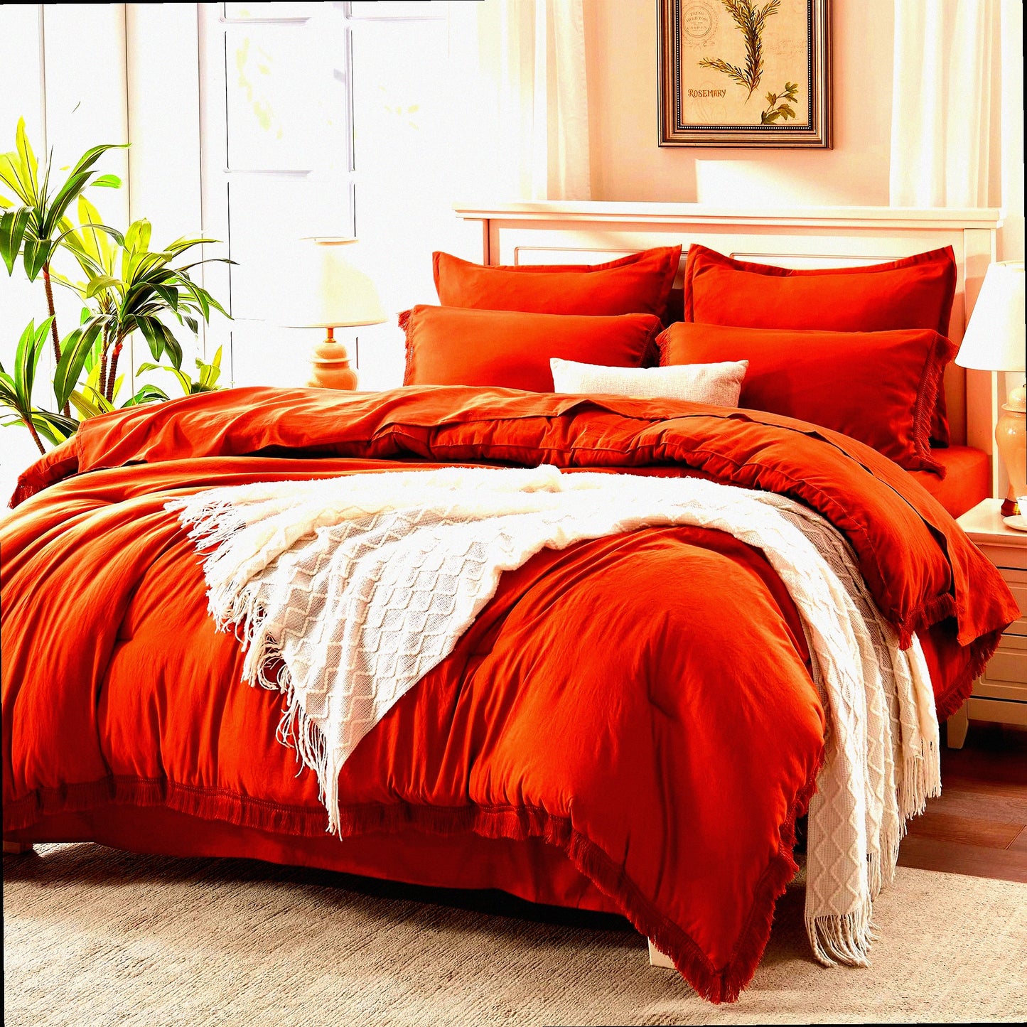 Rustic Boho Comforter Set - 7 Piece Bed in a Bag with Sheets & Pillowcases - Terracotta Orange Lightweight Bedding Ensemble
