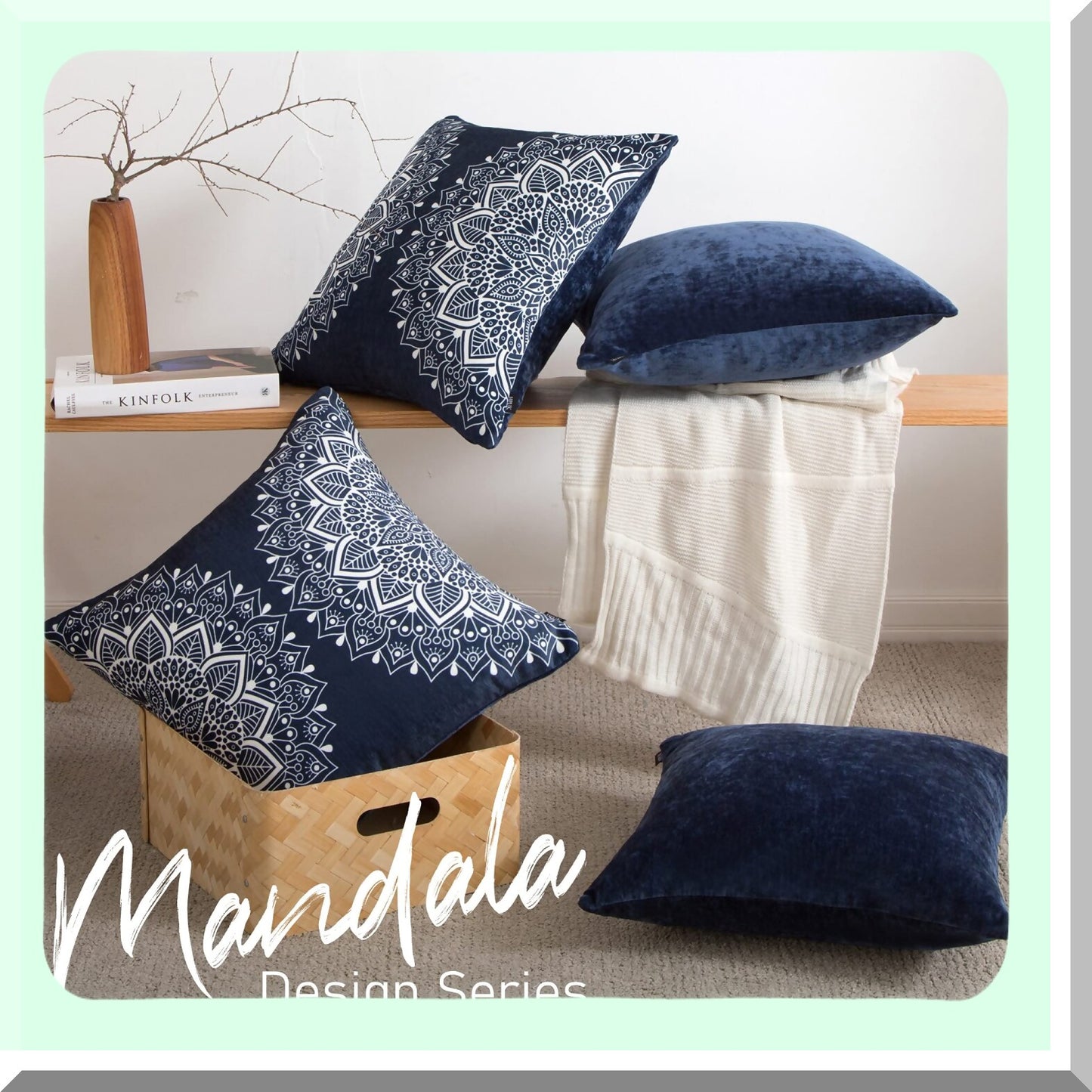 Navy Cashmere Throw Pillow Covers - Set of 4, 18x18 Inch Cushion Covers with Embroidery Pattern 7 for Living Room, Bedroom, Couch, Sofa, Chair, Bed