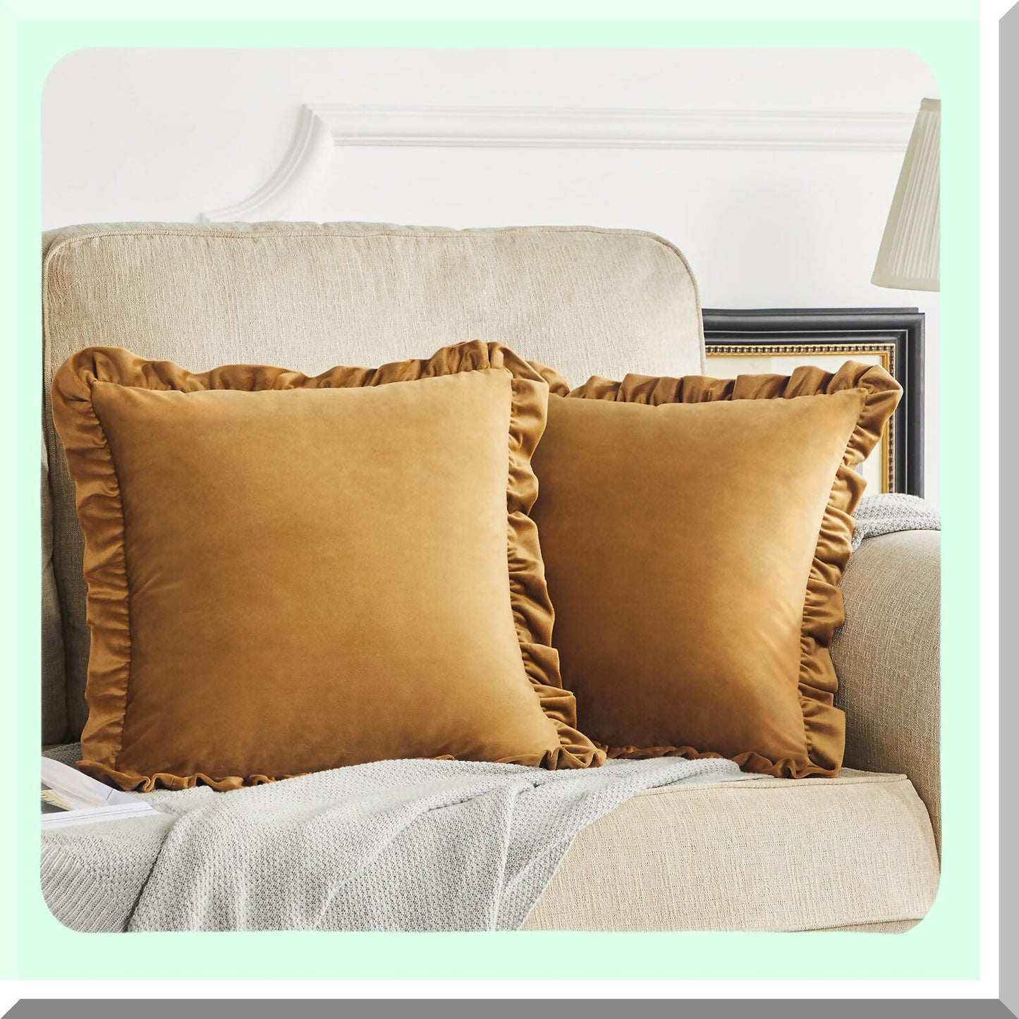 Luxury Ruffle Velvet Pillowcase Set - Dark Gold Decorative Cushion Covers for Couch - Pack of 2 20x20 Throw Pillow Covers