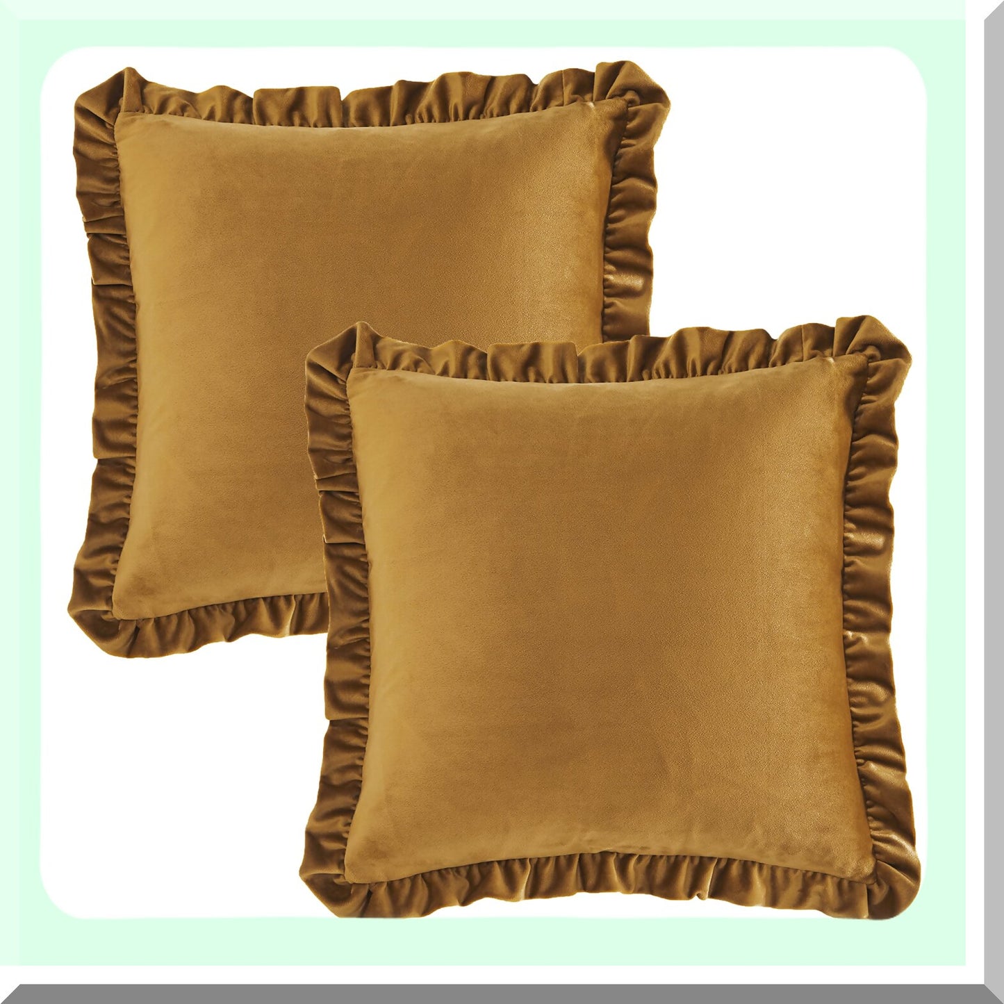 Luxury Ruffle Velvet Pillowcase Set - Dark Gold Decorative Cushion Covers for Couch - Pack of 2 20x20 Throw Pillow Covers