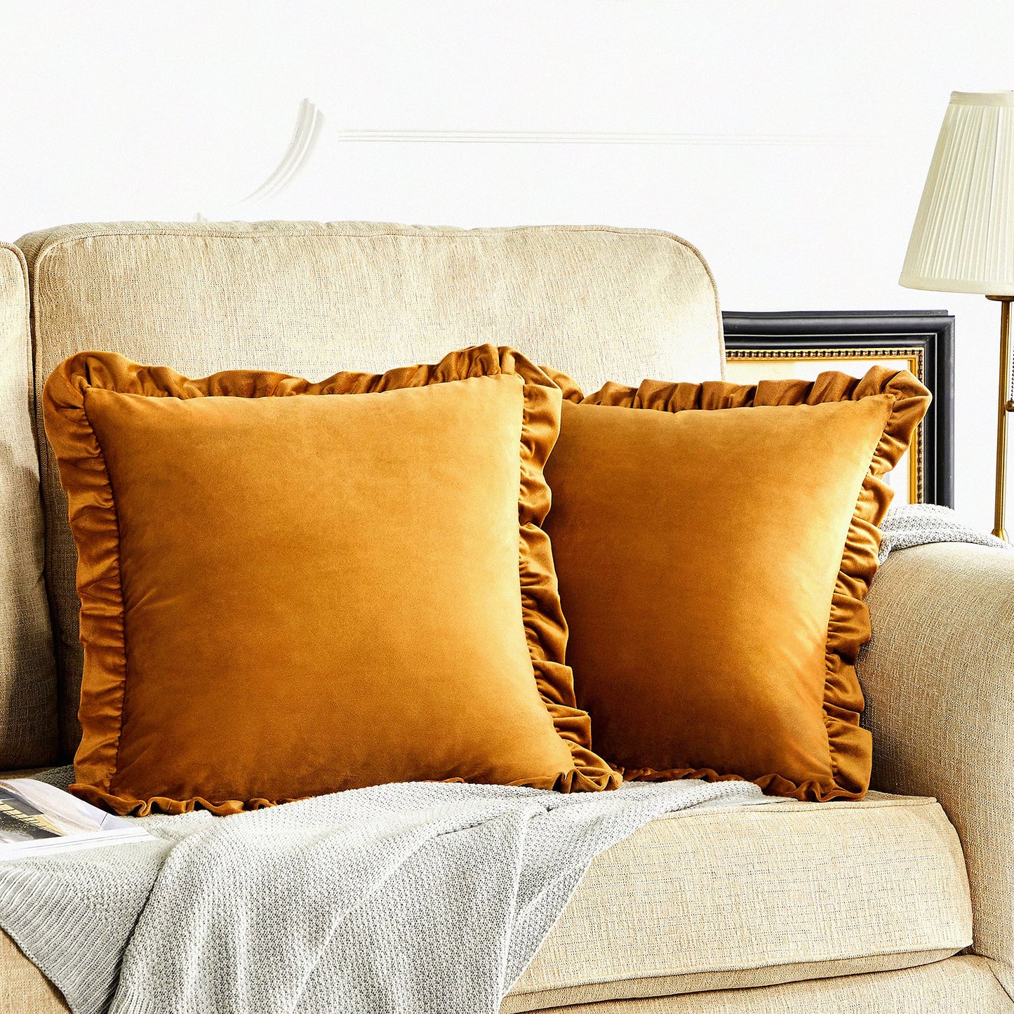 Luxury Ruffle Velvet Pillowcase Set - Dark Gold Decorative Cushion Covers for Couch - Pack of 2 20x20 Throw Pillow Covers