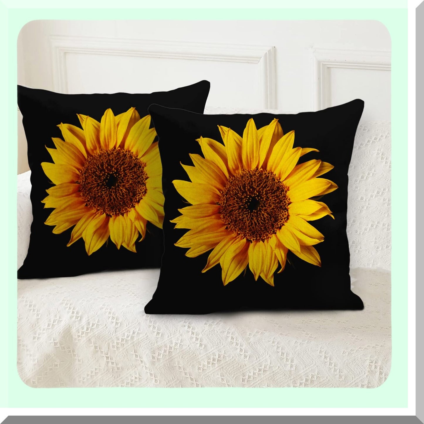 Sunflower Bloom Pillowcase Set - Yellow & Black Floral Decorative Cushion Covers - 16x16 Inch Square Polyester Pillow Covers with Hidden Zipper - Home Decor Accent Pieces