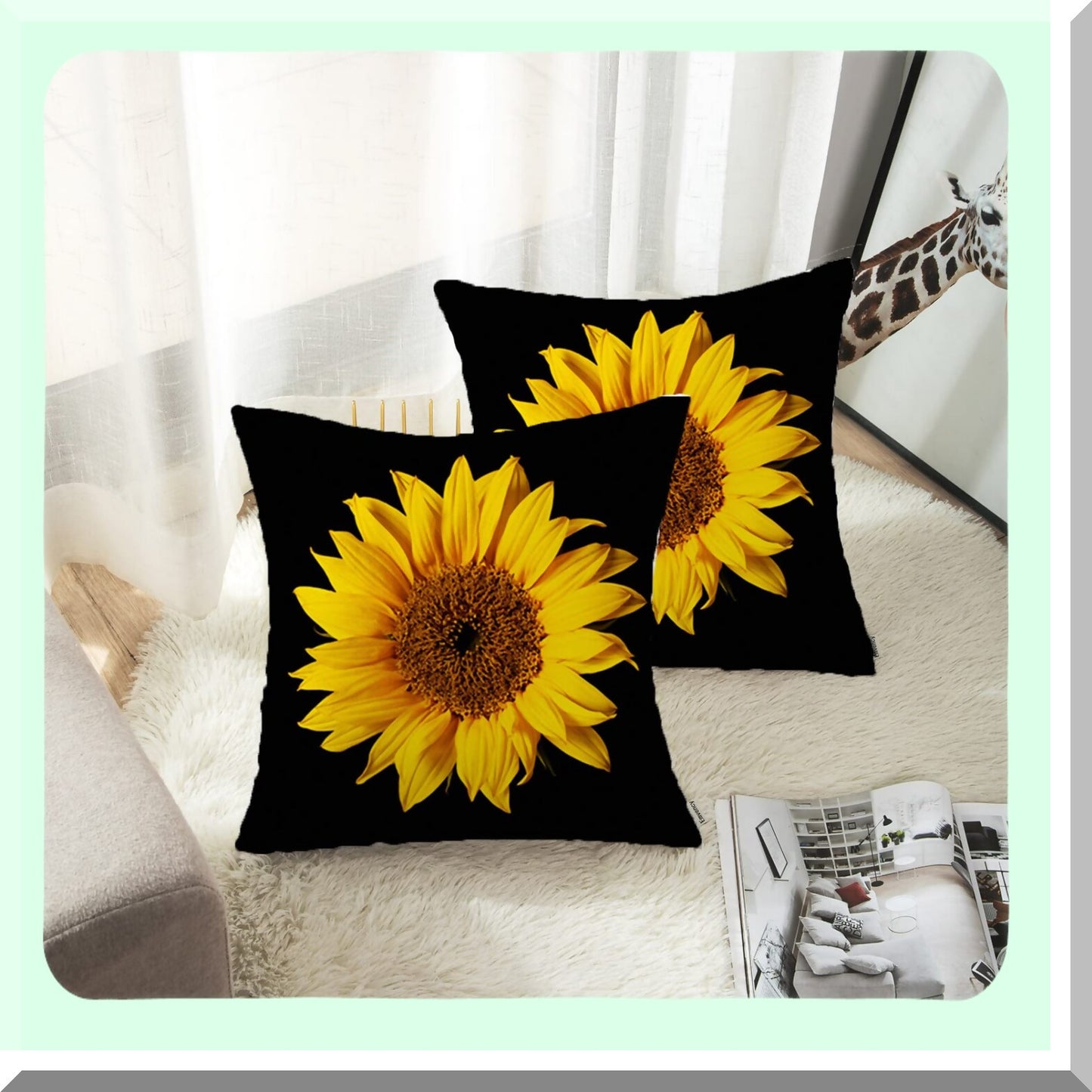 Sunflower Bloom Pillowcase Set - Yellow & Black Floral Decorative Cushion Covers - 16x16 Inch Square Polyester Pillow Covers with Hidden Zipper - Home Decor Accent Pieces
