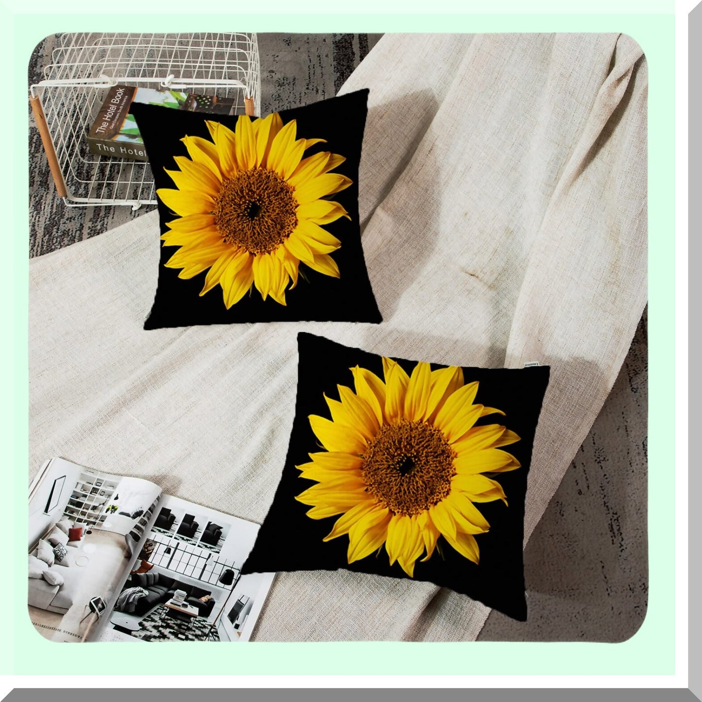 Sunflower Bloom Pillowcase Set - Yellow & Black Floral Decorative Cushion Covers - 16x16 Inch Square Polyester Pillow Covers with Hidden Zipper - Home Decor Accent Pieces