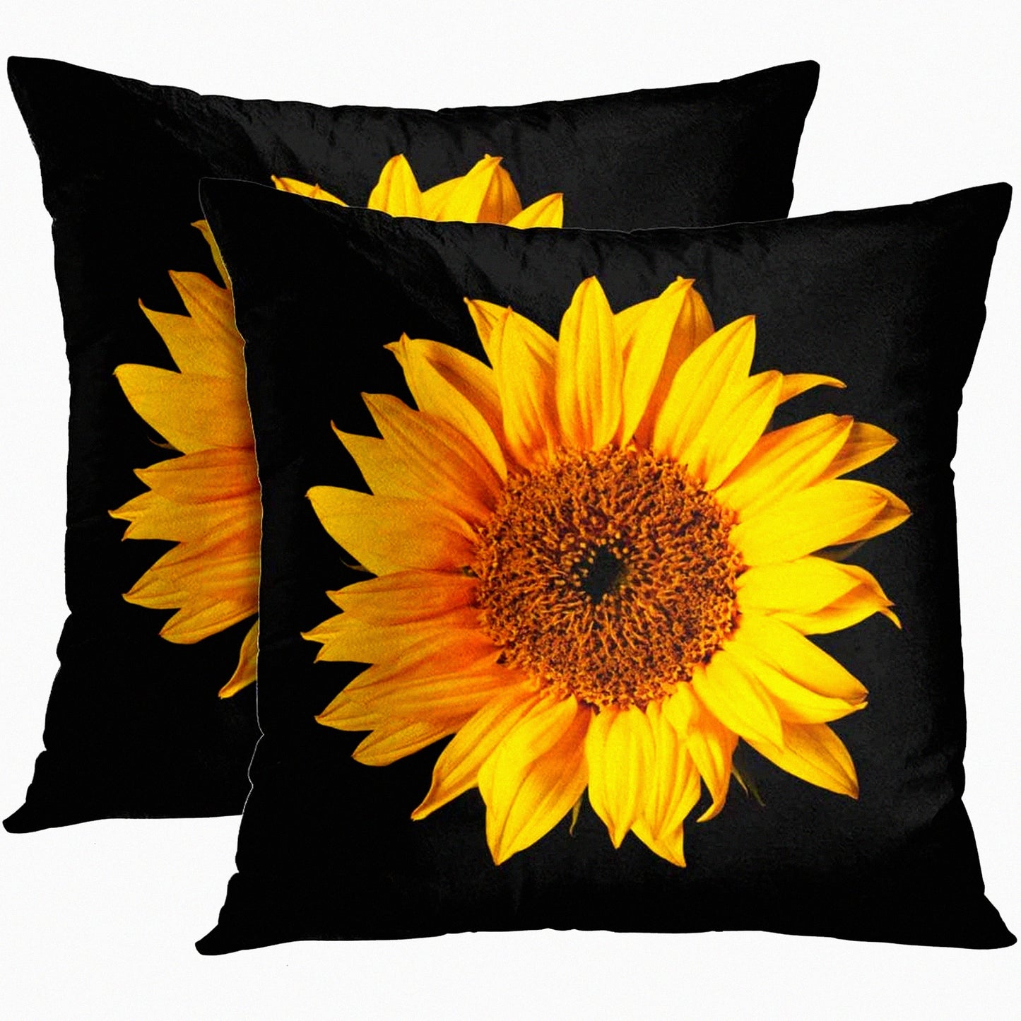 Sunflower Bloom Pillowcase Set - Yellow & Black Floral Decorative Cushion Covers - 16x16 Inch Square Polyester Pillow Covers with Hidden Zipper - Home Decor Accent Pieces