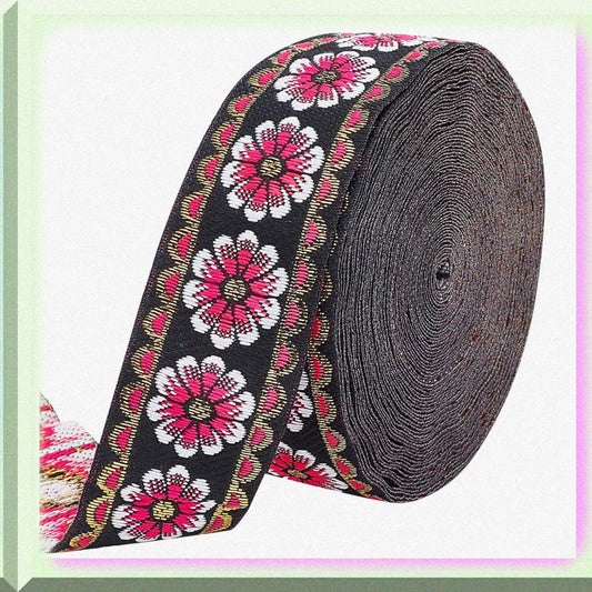 10 Yards Floral Embroidered Woven Fabric Ribbon 1.3 Inch Red