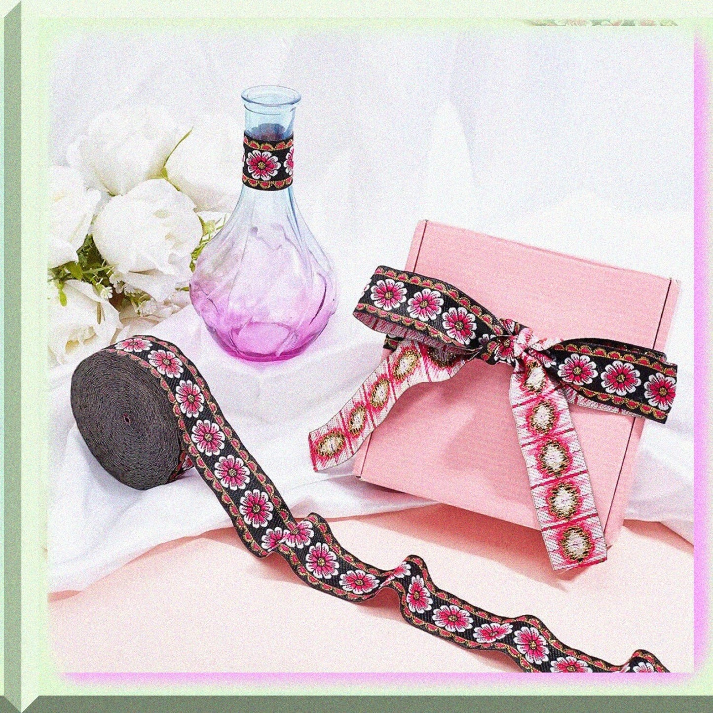 10 Yards Floral Embroidered Woven Fabric Ribbon 1.3 Inch Red