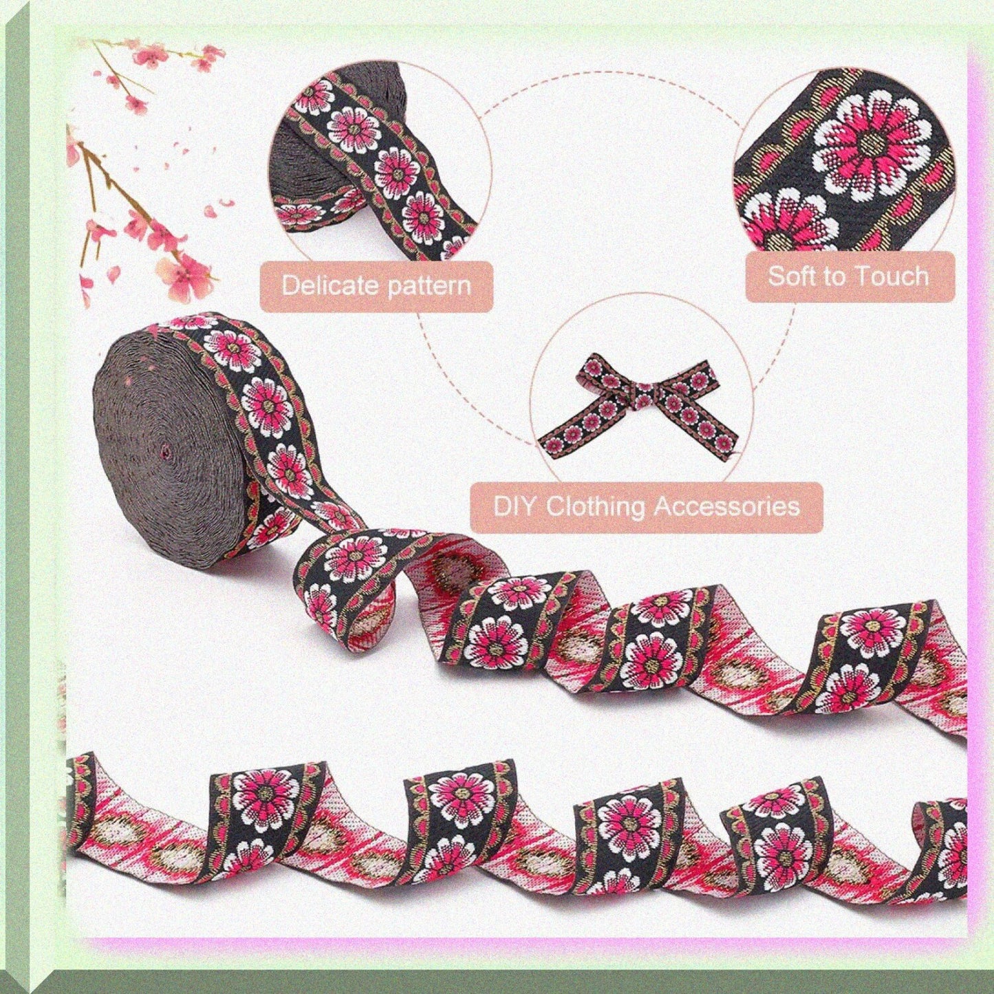 10 Yards Floral Embroidered Woven Fabric Ribbon 1.3 Inch Red