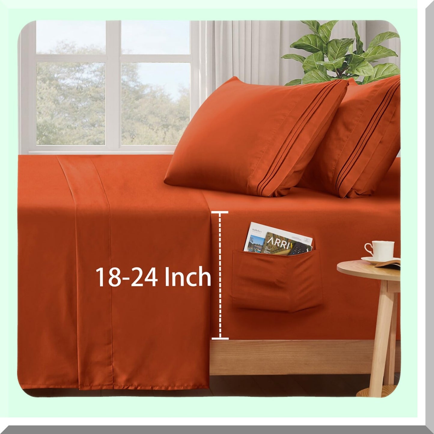 UltraFit 24" Deep Pocket Sheet Set - 4 Piece Burnt Orange Soft Sheets for Air Mattress - 1800 Thread Count Fitted Sheet with Side Pocket - Extra Deep Pocket Fits Mattress up to 24 Inches Thick
